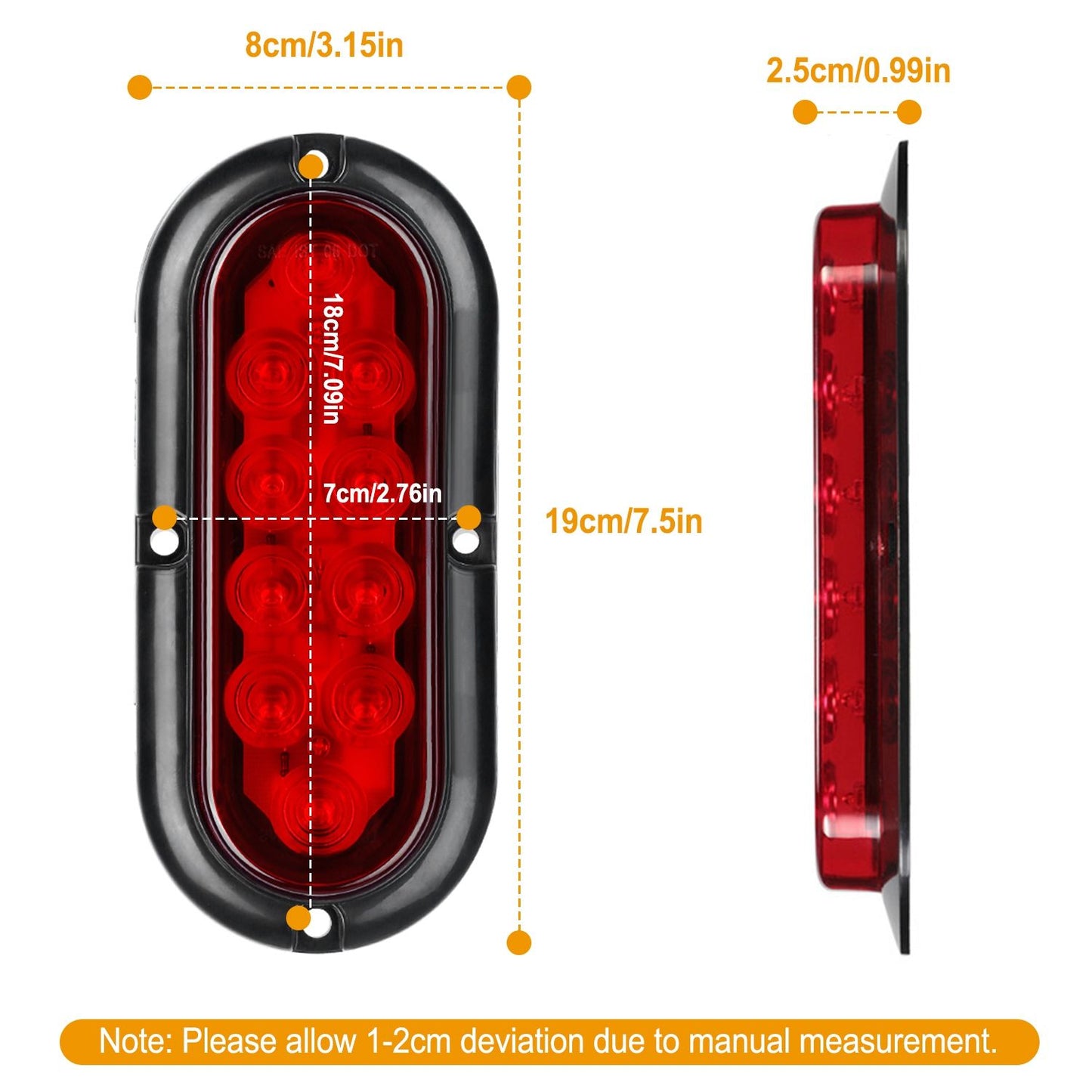 Red LED trailer marker light with black housing, dimensions 19 cm x 8 cm, featuring multiple light bulbs for enhanced visibility and safety.