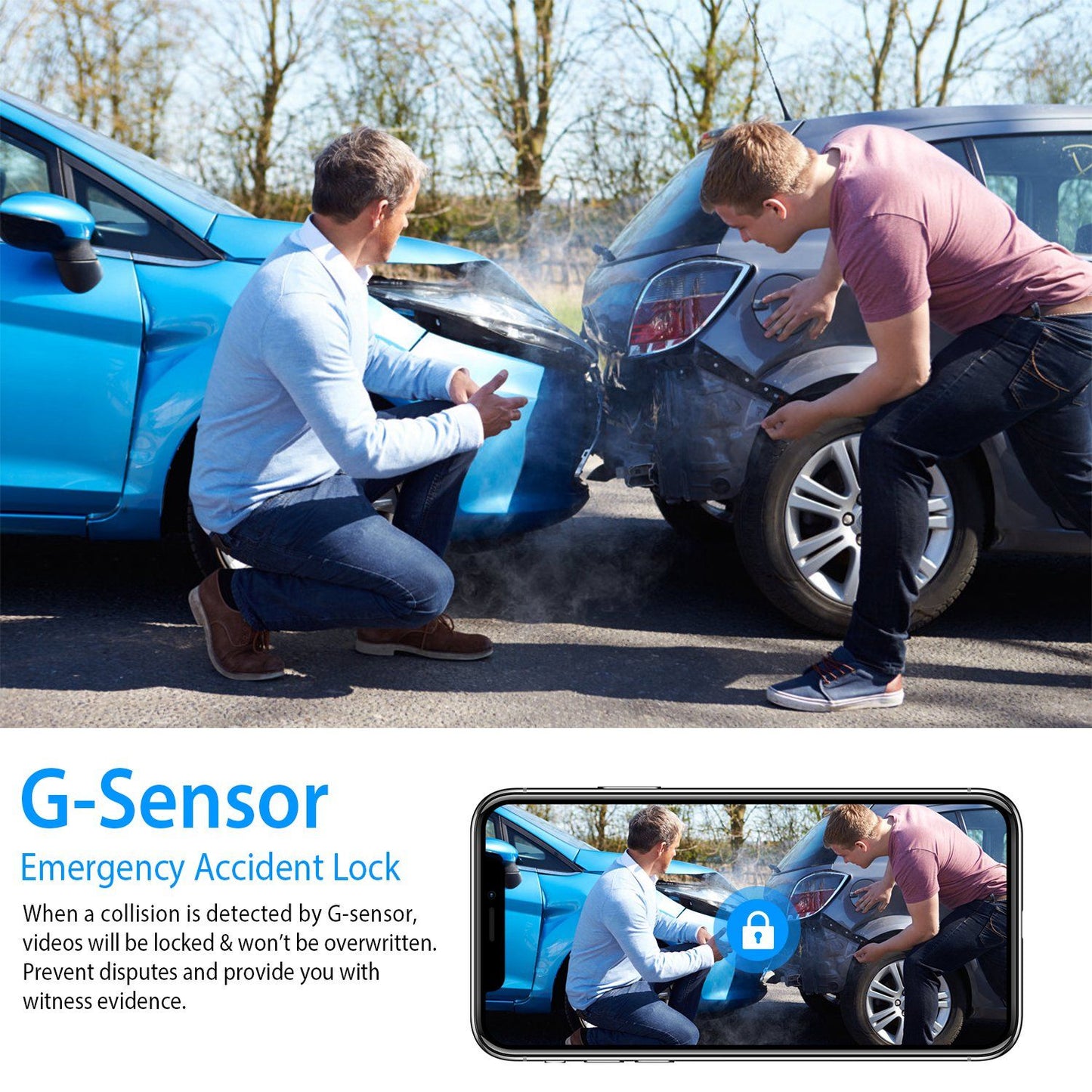 Two men assess damage after a car accident, with a blue car crumpled against a gray vehicle, demonstrating the use of a G-sensor for emergency accident lock to capture evidence during disputes.