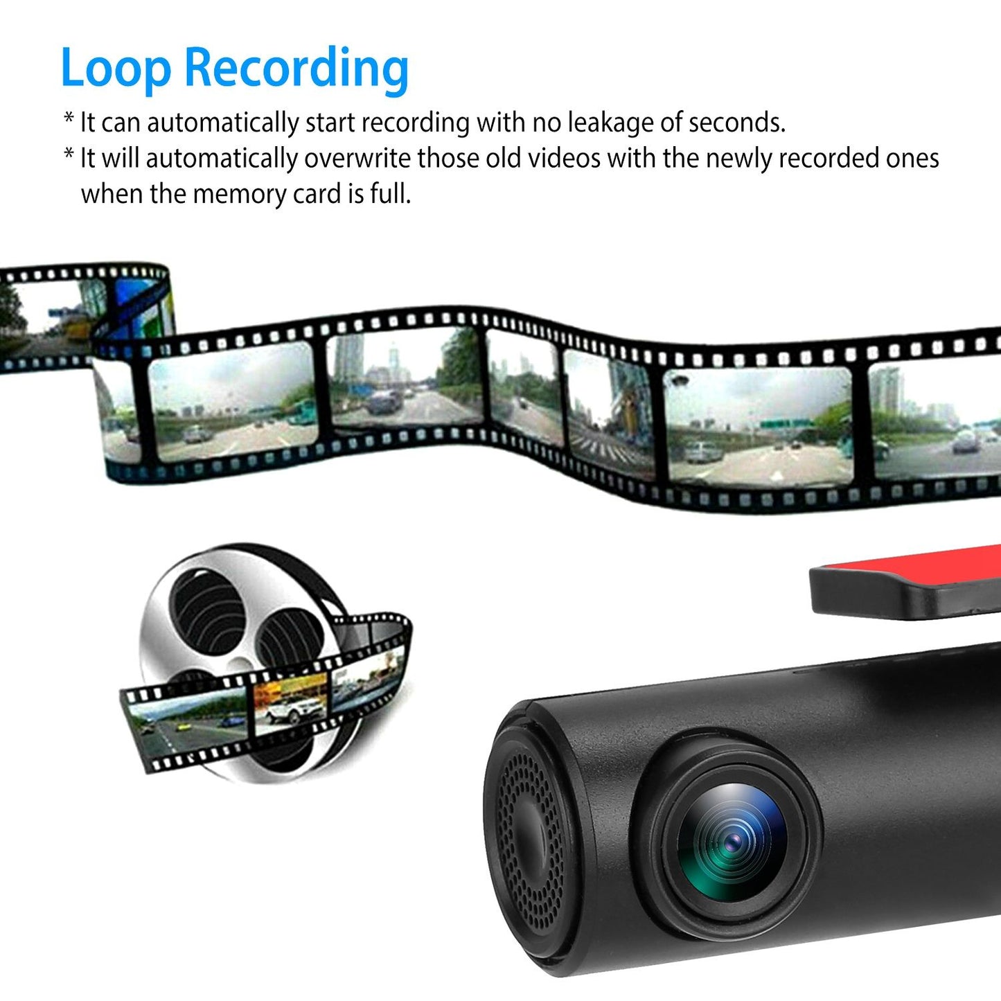 Loop recording feature of a black camera device showcasing a film reel and video footage snippets, emphasizing automatic recording without interruptions and overwriting old videos when the memory card is full.