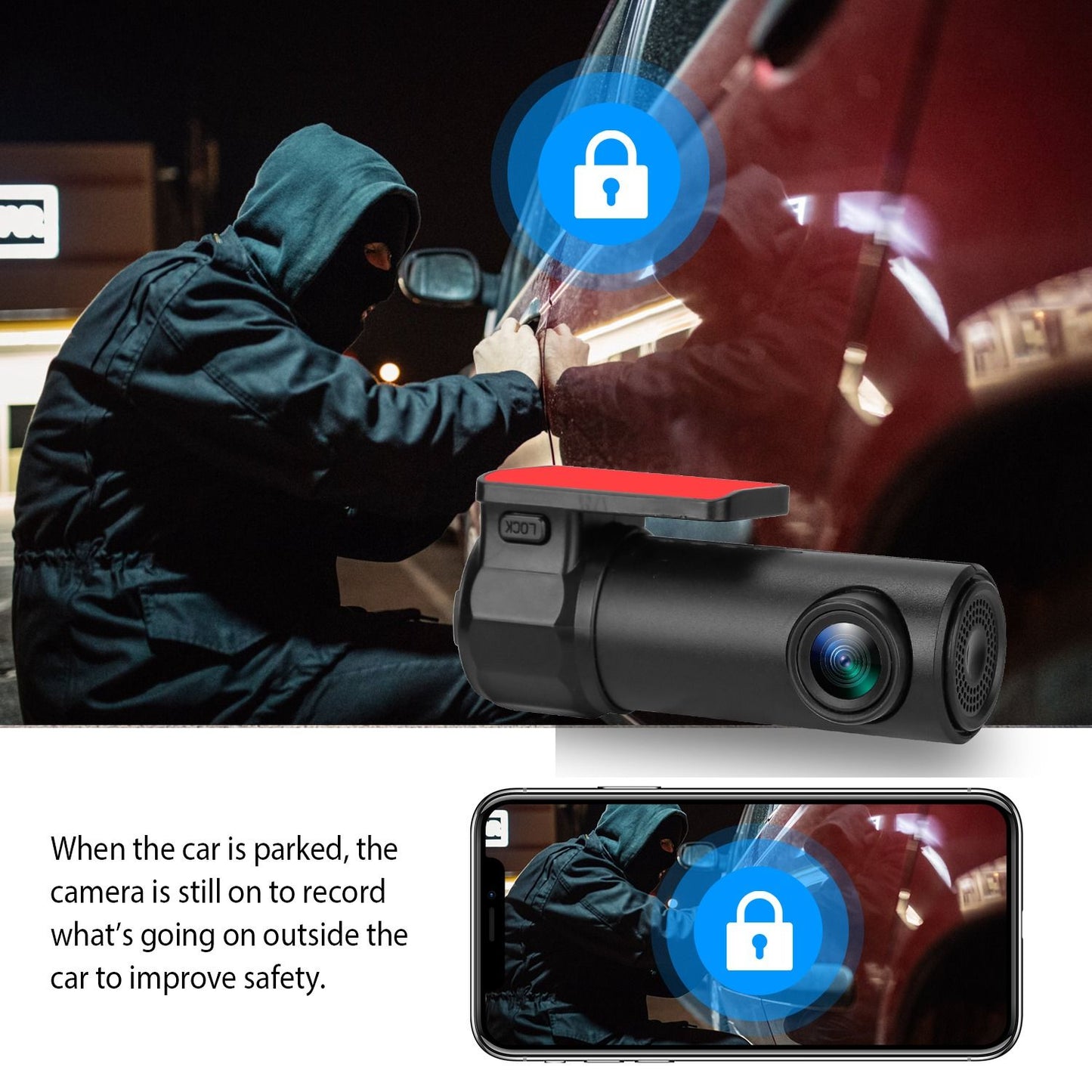 "Car security camera recording a thief attempting to break into a parked car, showcasing its night vision capabilities and smartphone connectivity for enhanced safety."