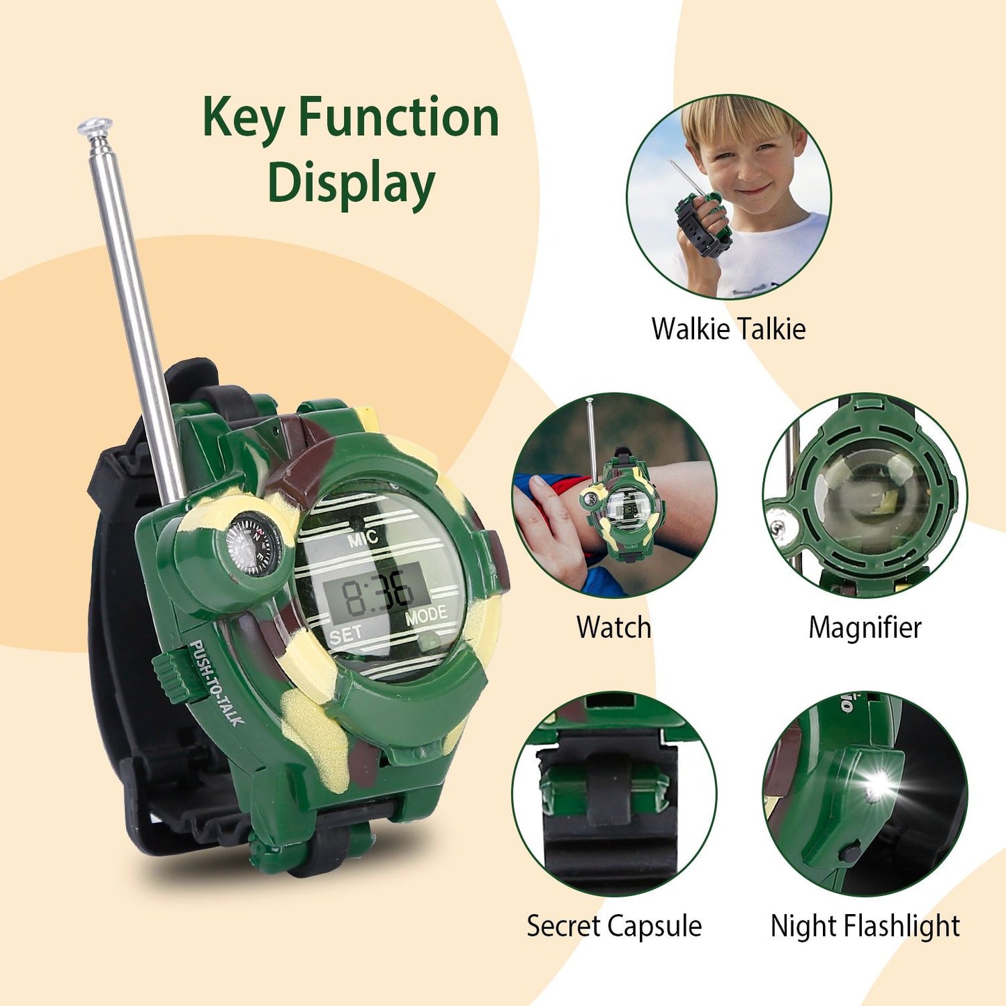 Multi-functional green watch featuring a walkie talkie, magnifier, secret capsule, and flashlight, designed for outdoor adventures and kids' play.