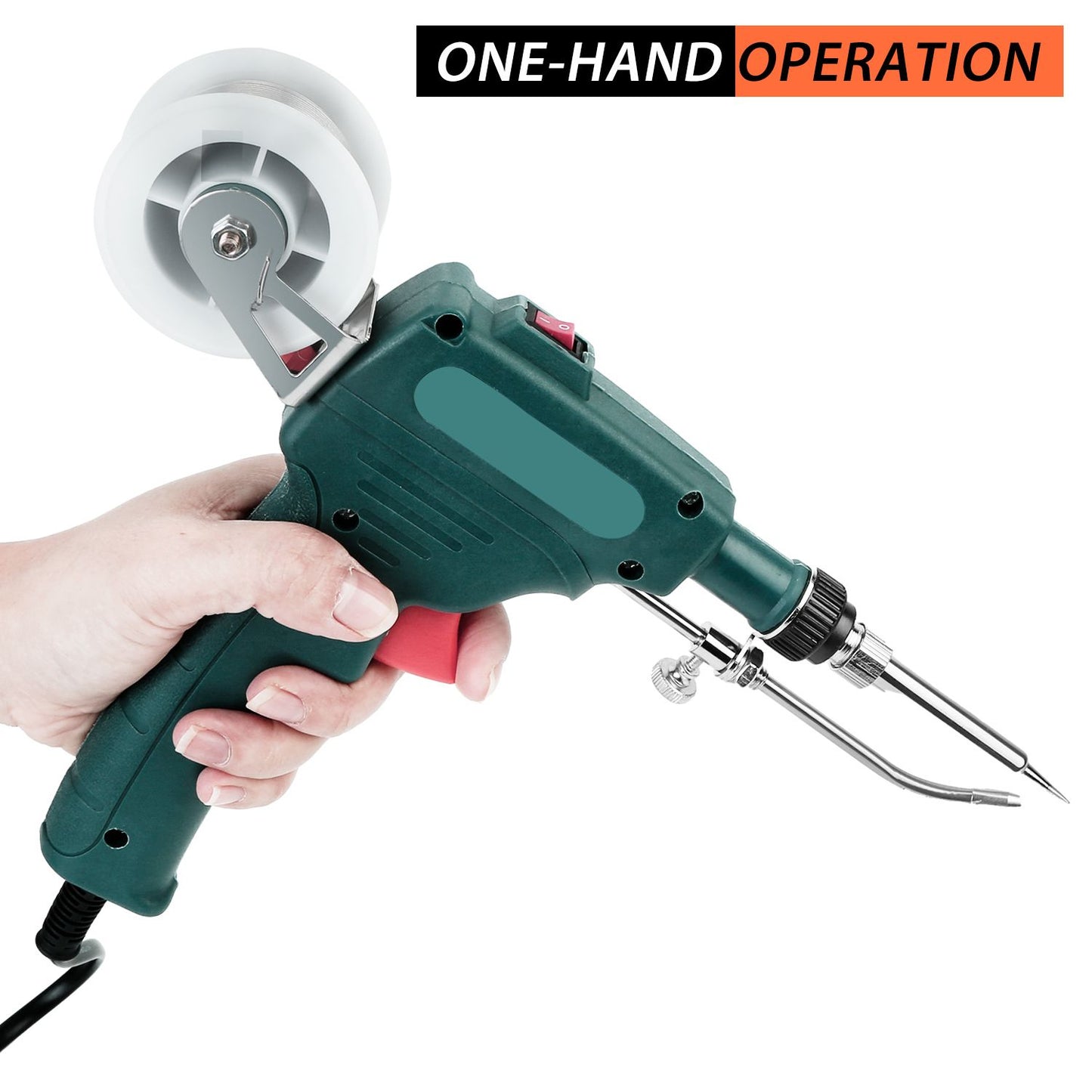 Handheld soldering tool designed for one-hand operation, featuring a green ergonomic grip and a spool for easy wire feeding.