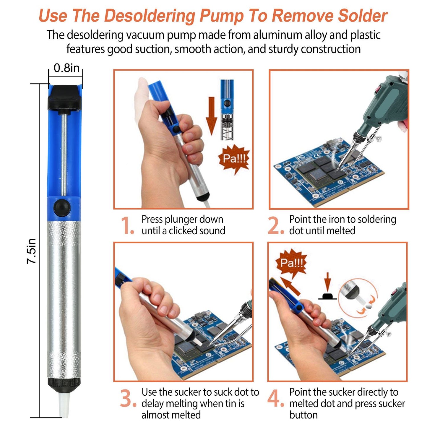 Desoldering pump tool instructions with an aluminum alloy vacuum pump for easy solder removal, featuring step-by-step visuals demonstrating proper usage on a circuit board.