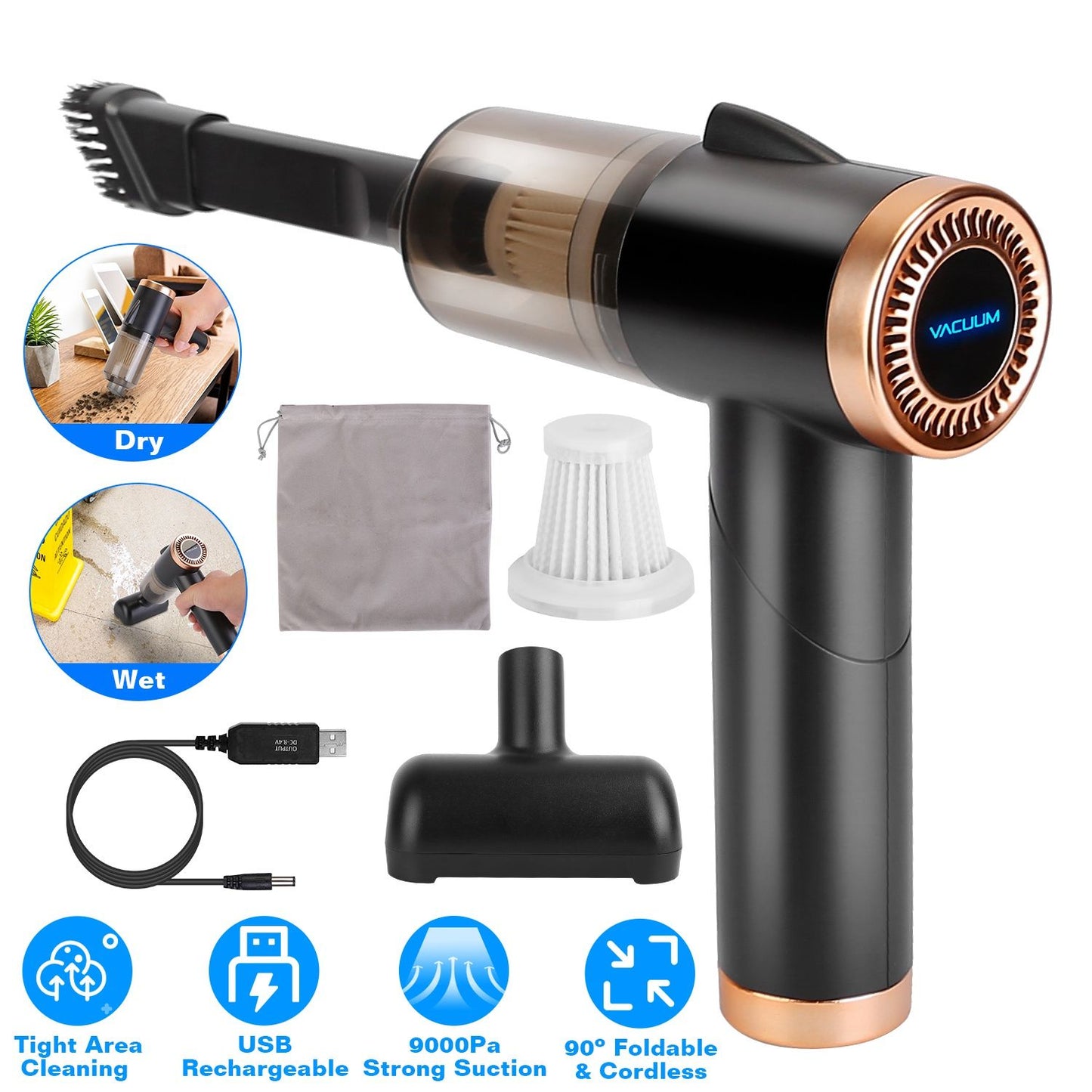 Compact cordless vacuum cleaner with strong 9000Pa suction, USB rechargeable, designed for both wet and dry cleaning in tight spaces, featuring a foldable design and various attachments for versatile use.