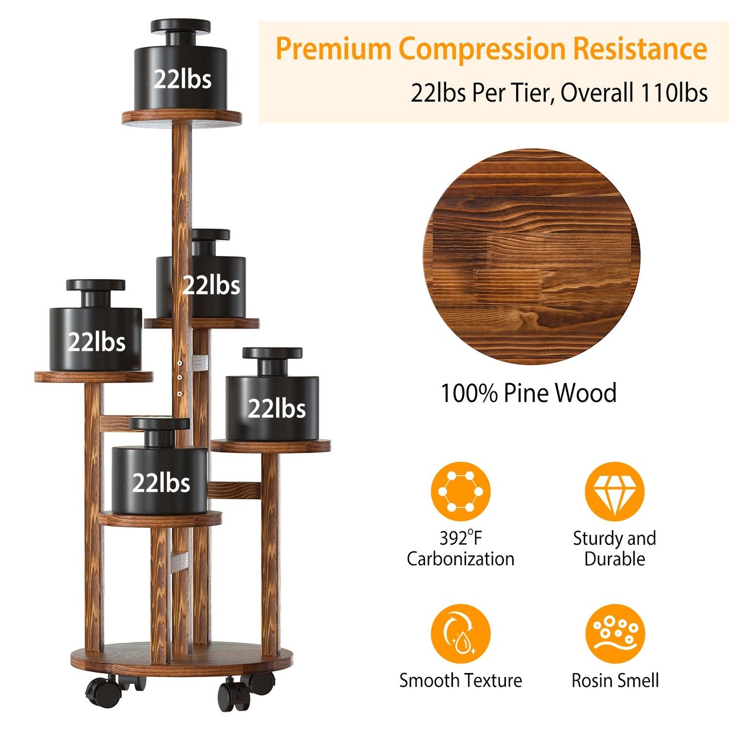 Wooden display rack featuring black storage containers, capable of holding 22lbs per tier, made from 100% pine wood, with a total weight capacity of 110lbs, showcasing a smooth texture and durable build.