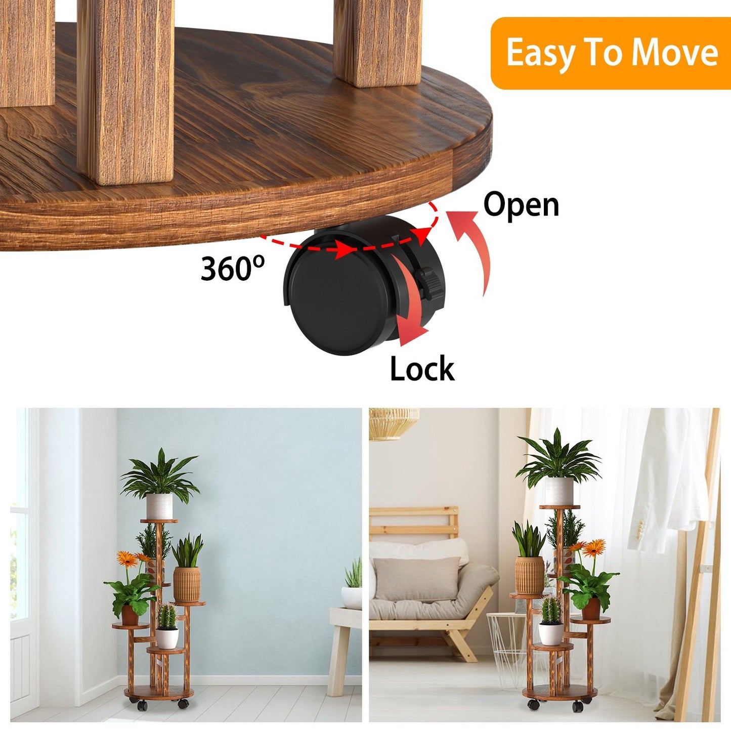 Wooden rolling plant stand with 360-degree lockable wheels, featuring multiple tiers for potted plants, designed for easy mobility and stylish home decor.