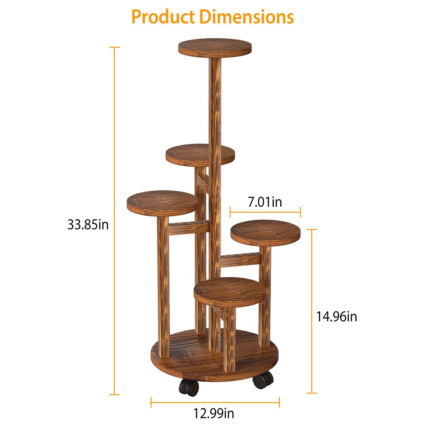 Wooden plant stand with four circular shelves, measuring 33.85 inches tall, 12.99 inches wide, and 14.96 inches deep, featuring wheels for easy mobility.