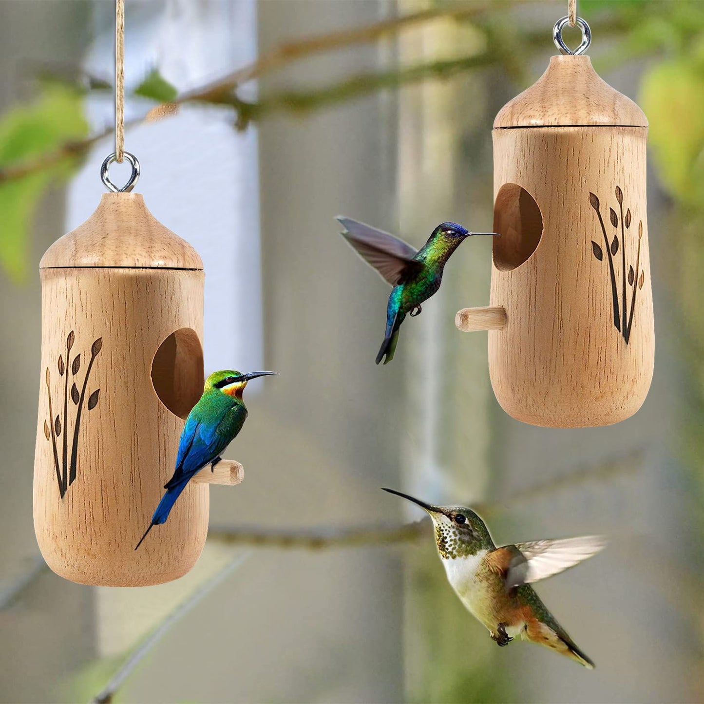Handcrafted wooden hummingbird feeder with intricate floral design, featuring colorful hummingbirds in flight, ideal for attracting and feeding backyard birds.