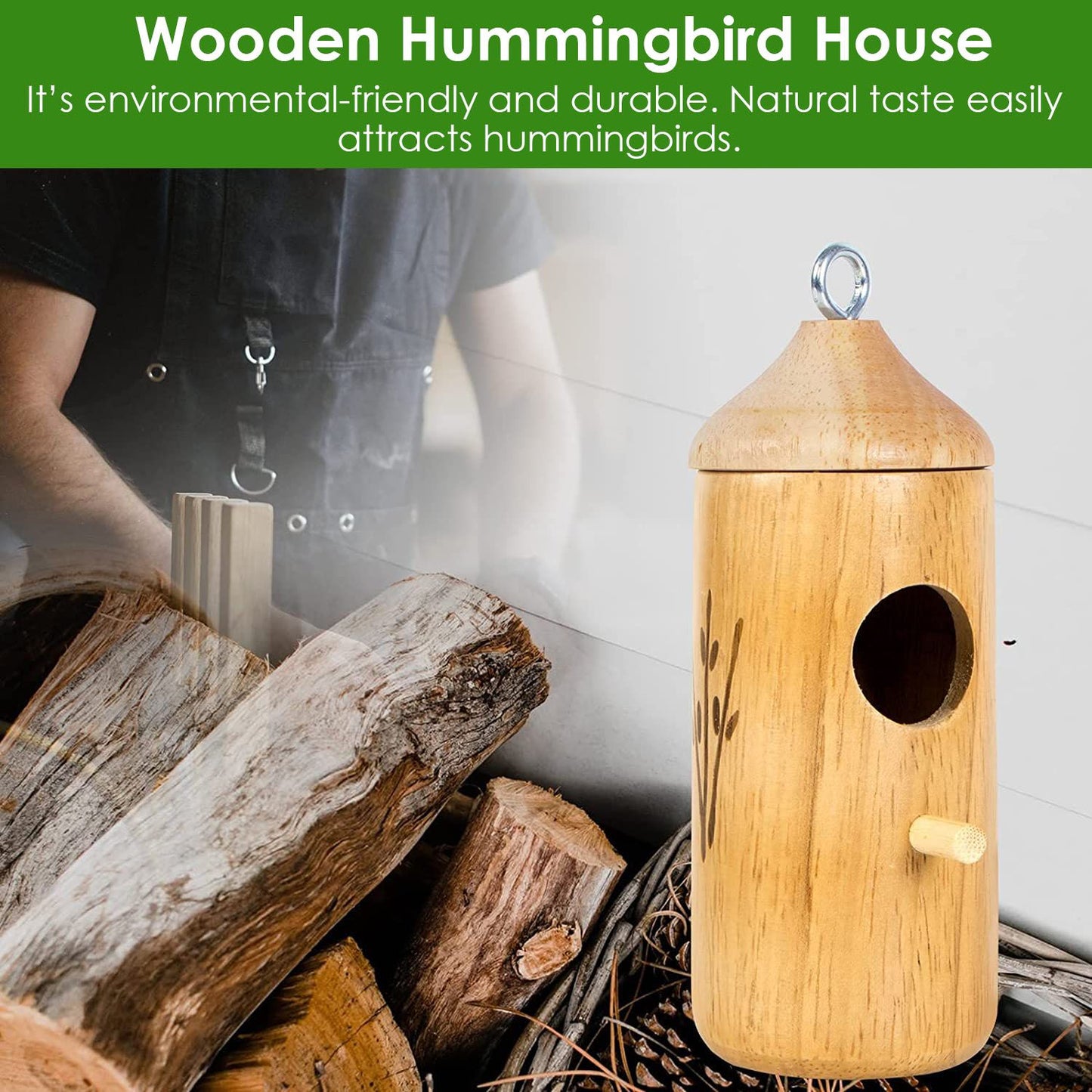 Wooden hummingbird house designed for eco-friendliness and durability, featuring a natural wood finish and an entrance hole, ideal for attracting hummingbirds.