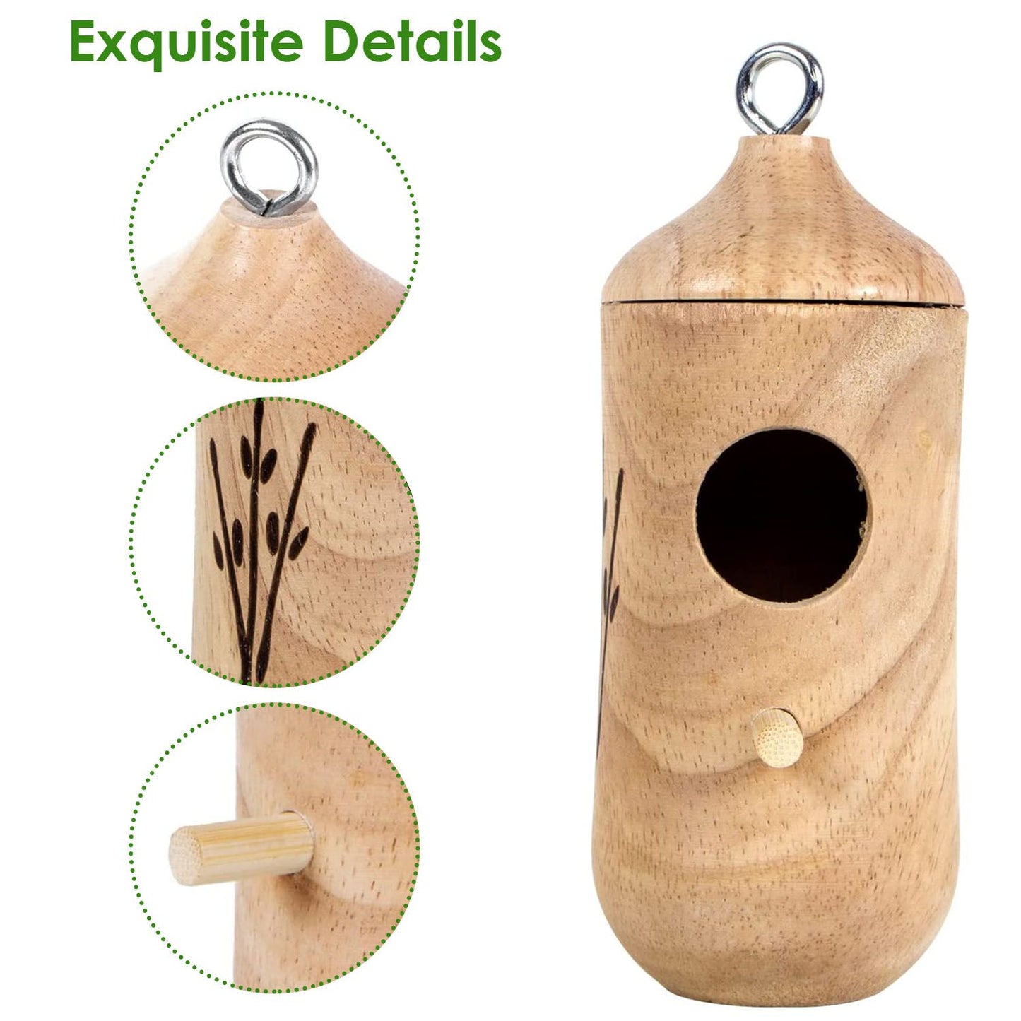 Handcrafted wooden birdhouse with decorative engraving, featuring a circular entry hole, a perch, and a metal hanging ring for easy installation.