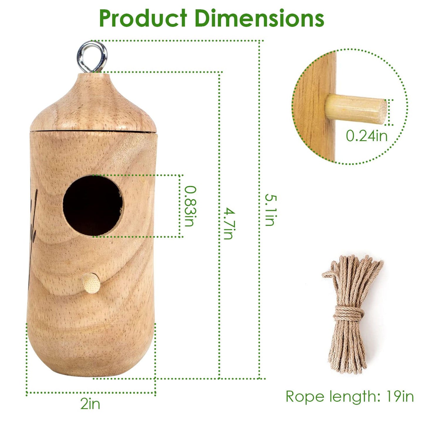 Wooden birdhouse dimensions showing height of 5.1 inches, width of 2 inches, and depth of 4.7 inches, with a rope length of 19 inches for hanging.