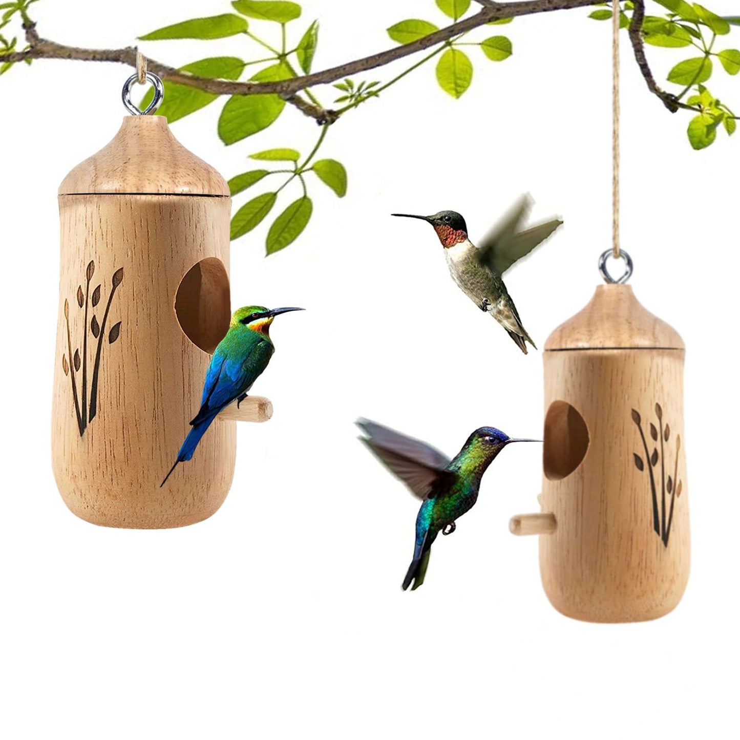Colorful wooden hummingbird feeder hanging from a branch, featuring intricate floral designs, with vibrant hummingbirds hovering nearby, showcasing their iridescent feathers.