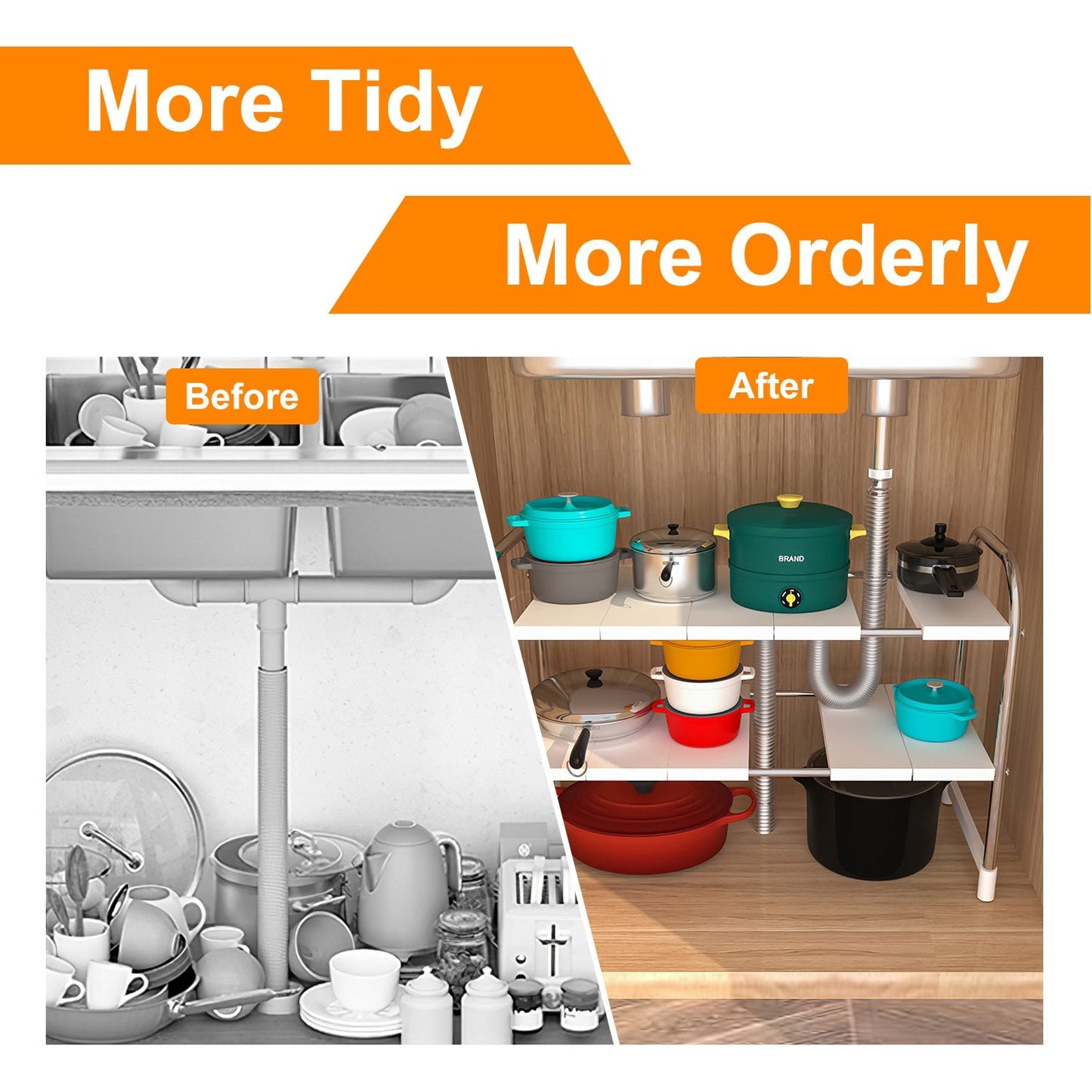 Before and after image showing a cluttered kitchen cupboard on the left and an organized, tidy cupboard with color-coded pots and shelves on the right, highlighting improved kitchen storage solutions.