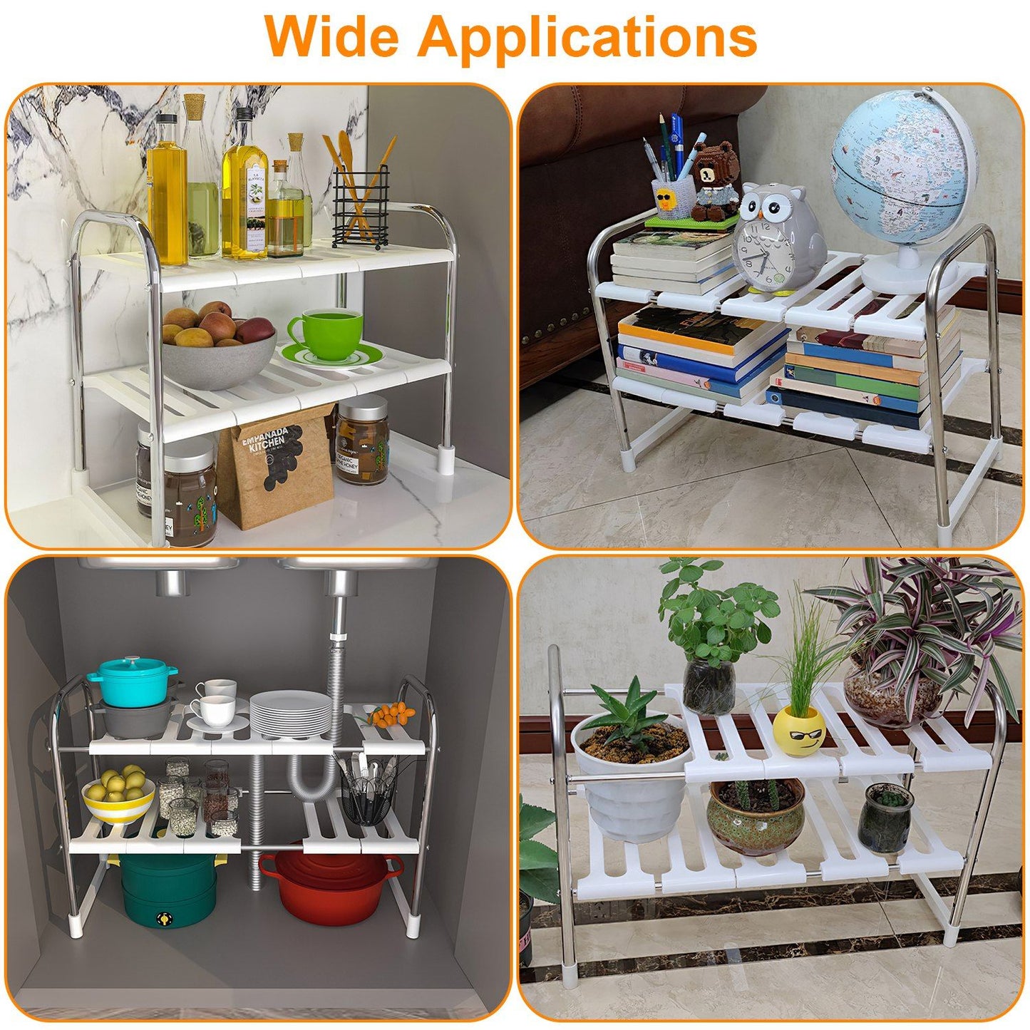Multi-purpose white shelving unit displayed in various settings, organized with kitchen supplies, books, and plants, highlighting its versatility for home and office use.