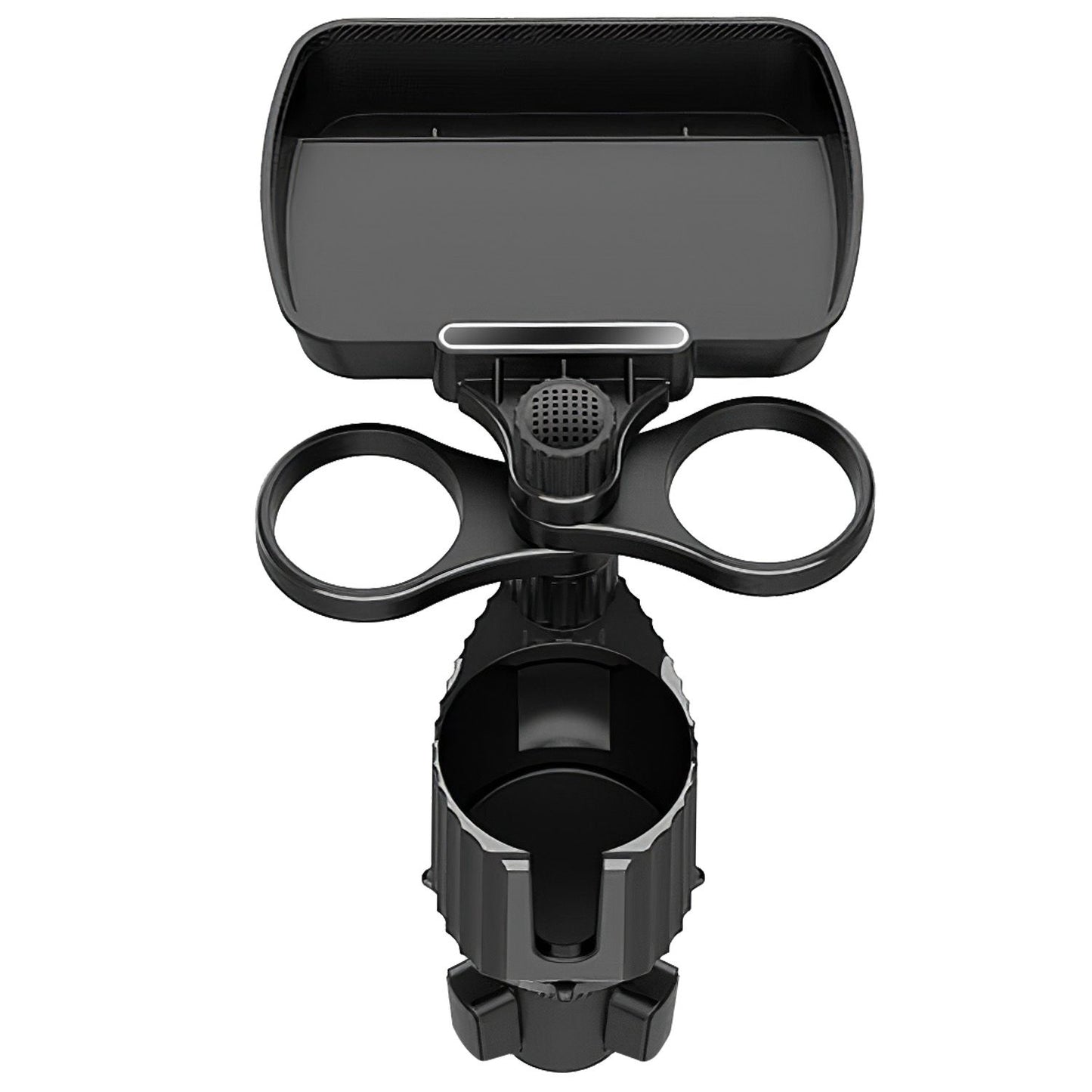 Universal cup holder and organizer for vehicles with adjustable compartments in sleek black design.
