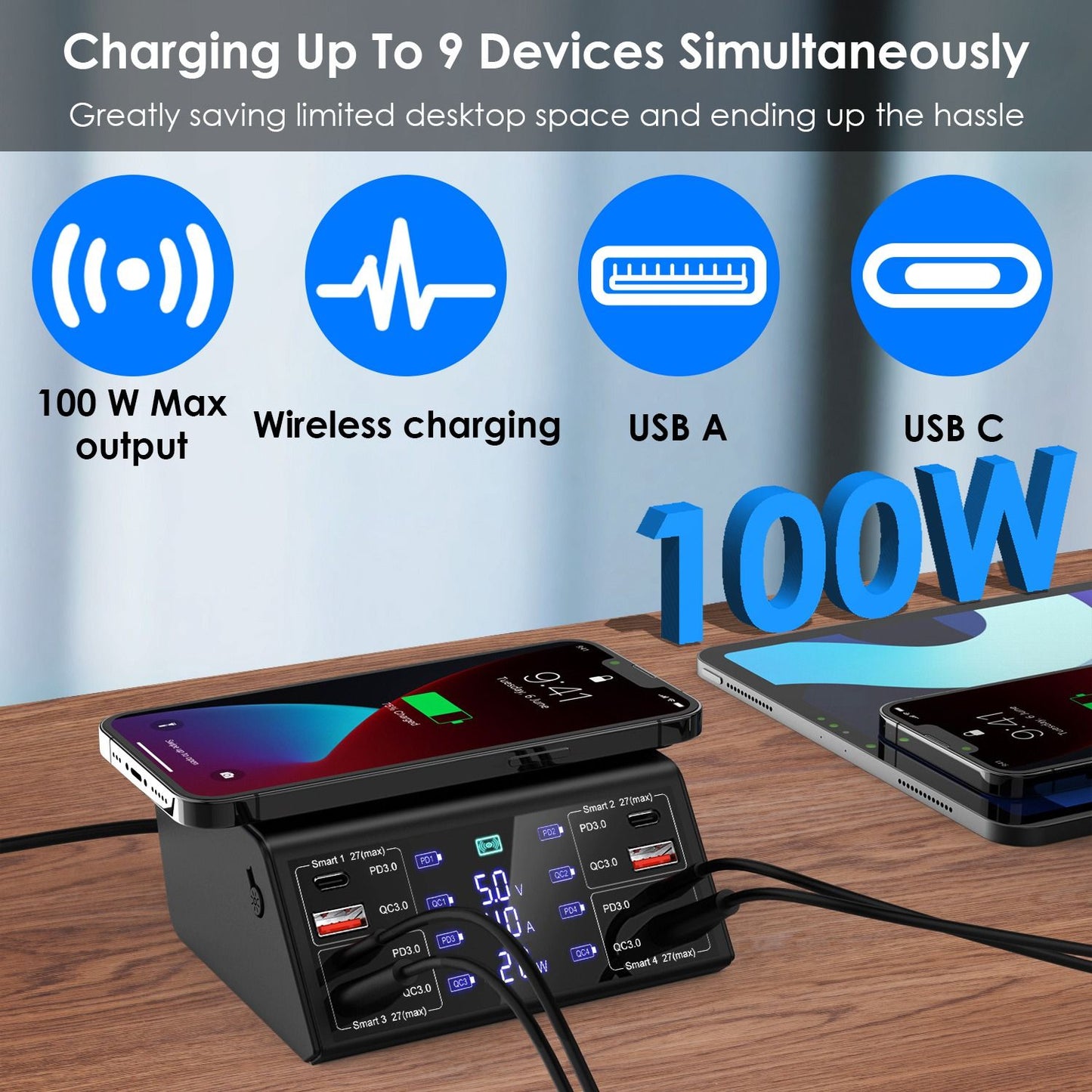 Multi-device charging station with wireless capability, featuring 100W maximum output and multiple USB A and USB C ports, ideal for streamlined desktop use.