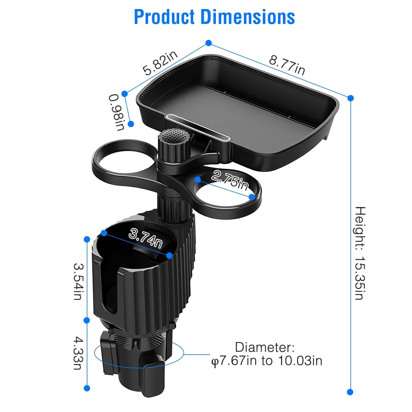 Black adjustable cup holder with a tray, showcasing product dimensions labeled in inches for easy reference.