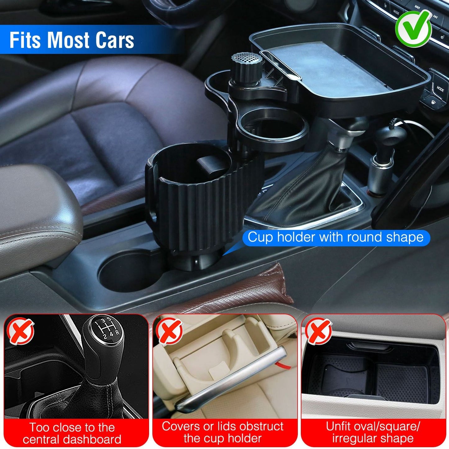 Adjustable car cup holder designed to fit most vehicles, featuring a round shape and extra storage tray, showcasing compatibility highlights and installation guidelines.