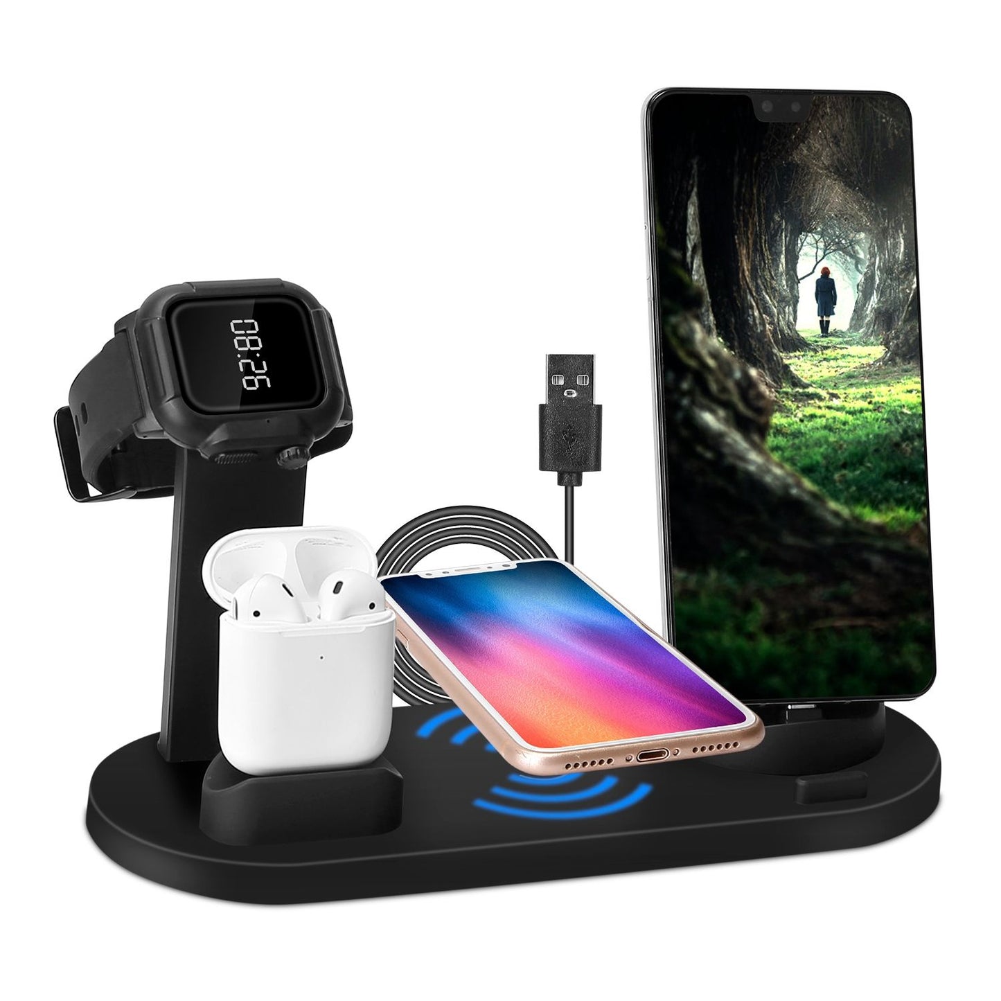 "Wireless charging station with smartwatch, AirPods, and smartphone on a sleek black base, showcasing a USB cable for connectivity."