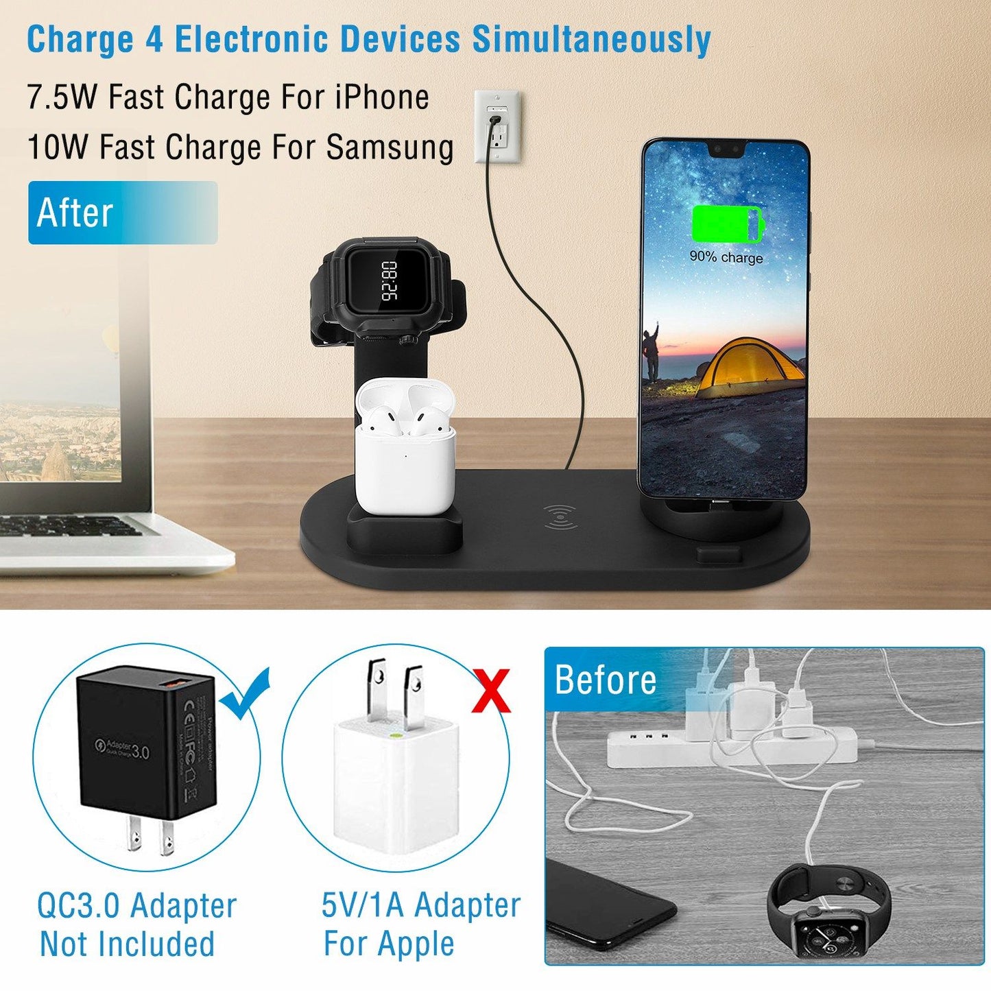 Wireless charging station for iPhone, Samsung, and Apple Watch, featuring four device charging docks and a sleek black design.