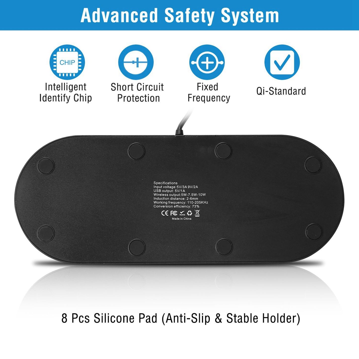 Wireless charger with advanced safety features, including short circuit protection and Qi-standard compatibility, showcasing an anti-slip silicone pad for stability and efficiency specifications.
