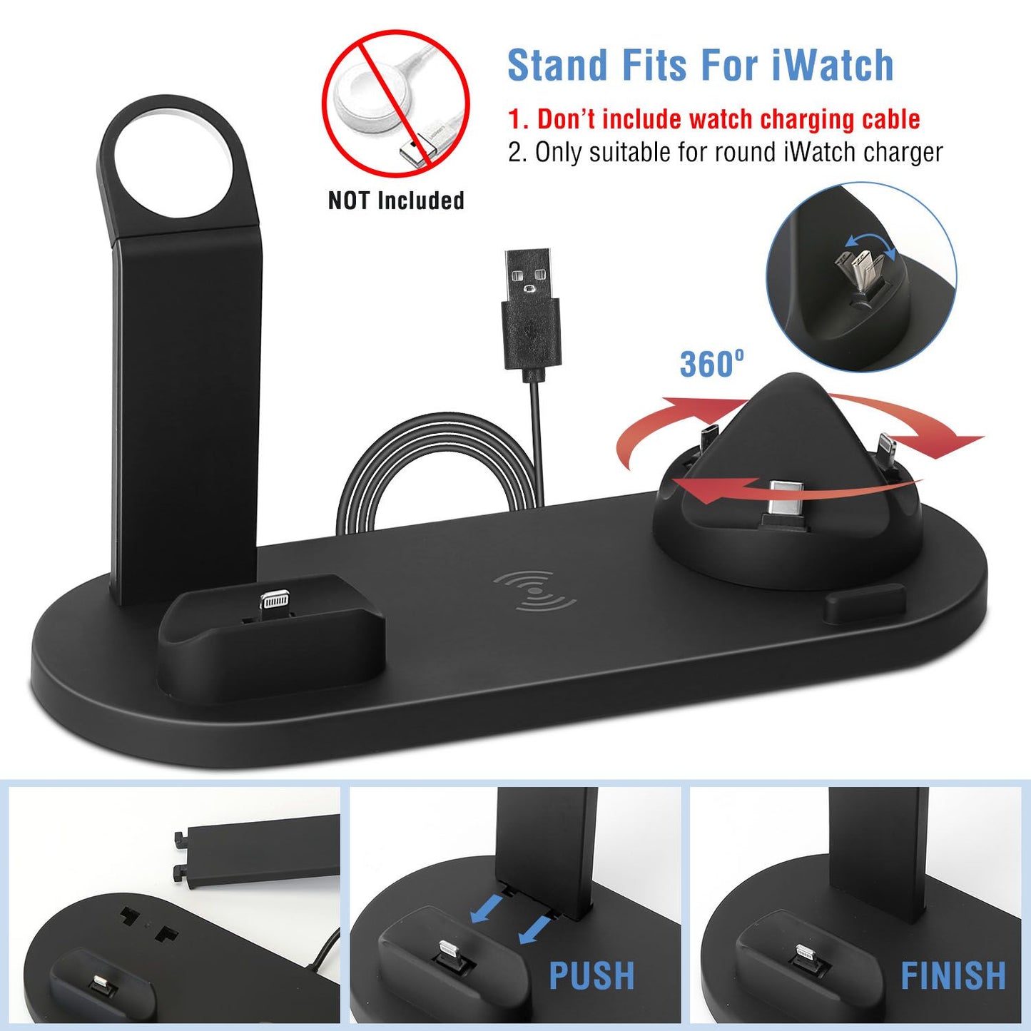 Black multi-device charging stand with USB for iWatch, featuring a 360-degree rotating base and a dedicated slot for Apple charging cable, designed for easy accessibility and compatibility with round iWatch chargers.