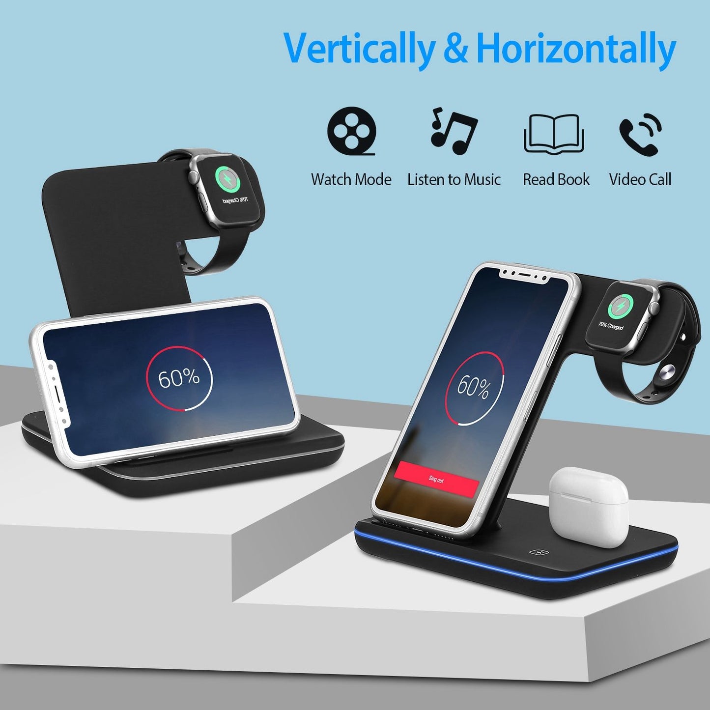 3-in-1 wireless charging station for smartphone, smartwatch, and earbuds, featuring adjustable vertical and horizontal modes, battery percentage display, and sleek black design.