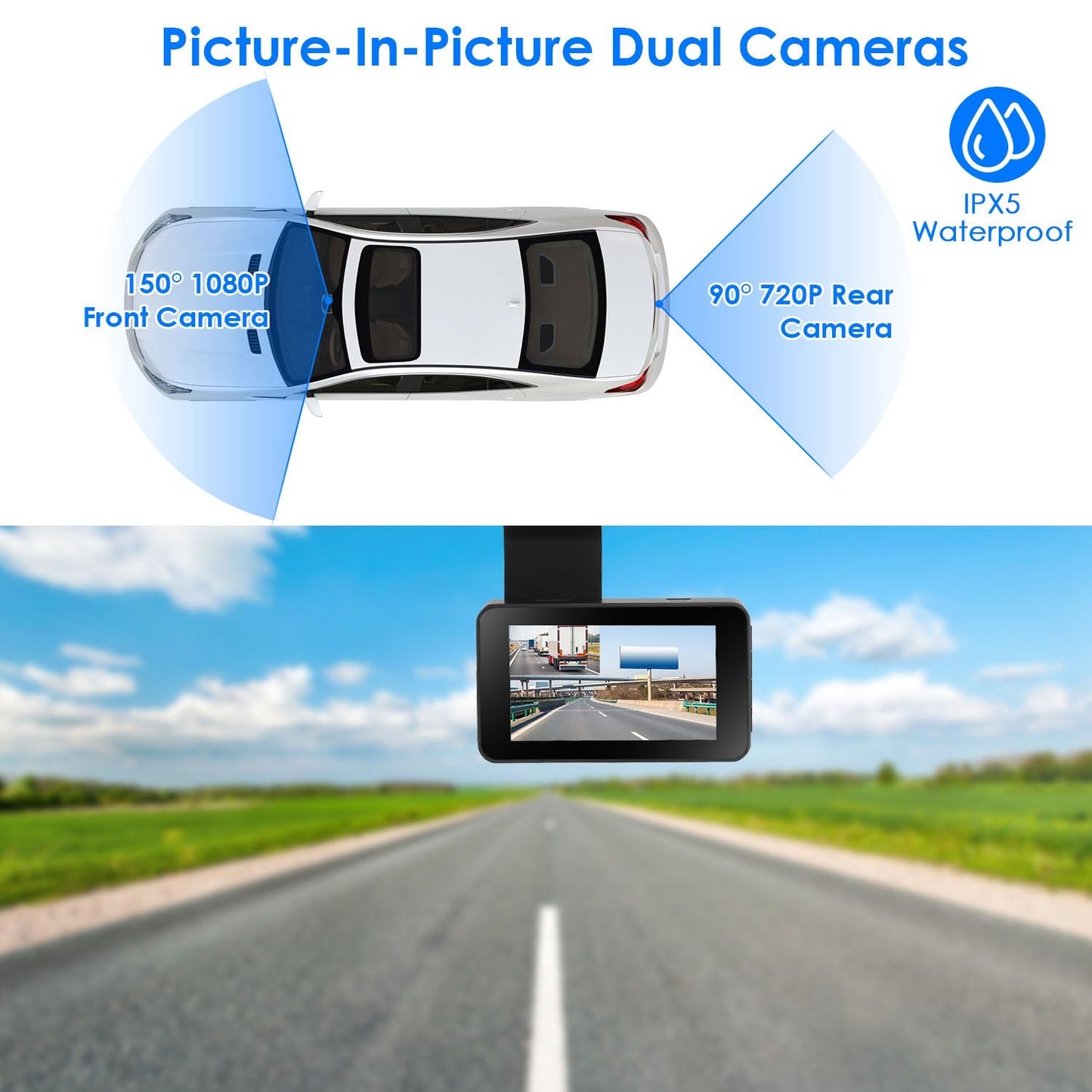 Dual camera car dash cam with 150° 1080P front camera and 90° 720P rear camera, featuring picture-in-picture display and IPX5 waterproof rating for enhanced driving safety.