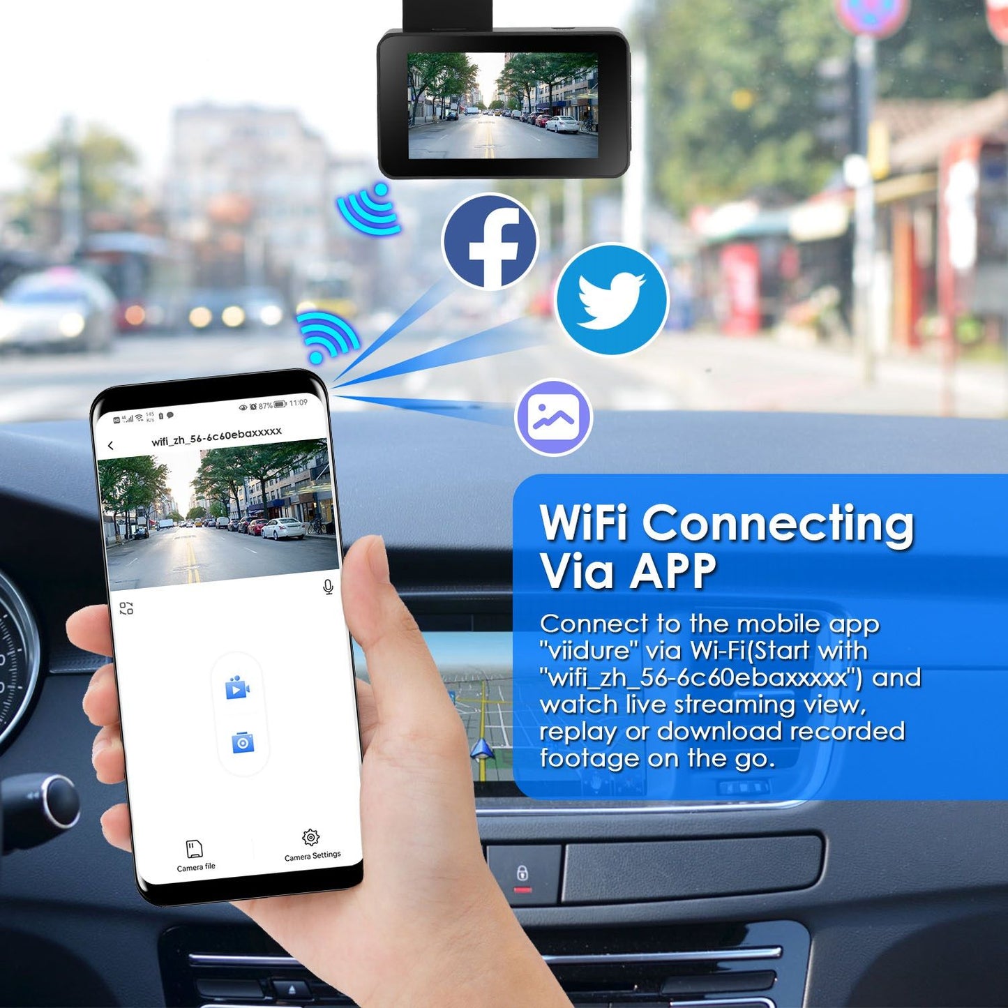 Smartphone displaying live streaming from a car dash cam, showcasing WiFi connection instructions for the app "viidure", with social media icons for sharing footage.