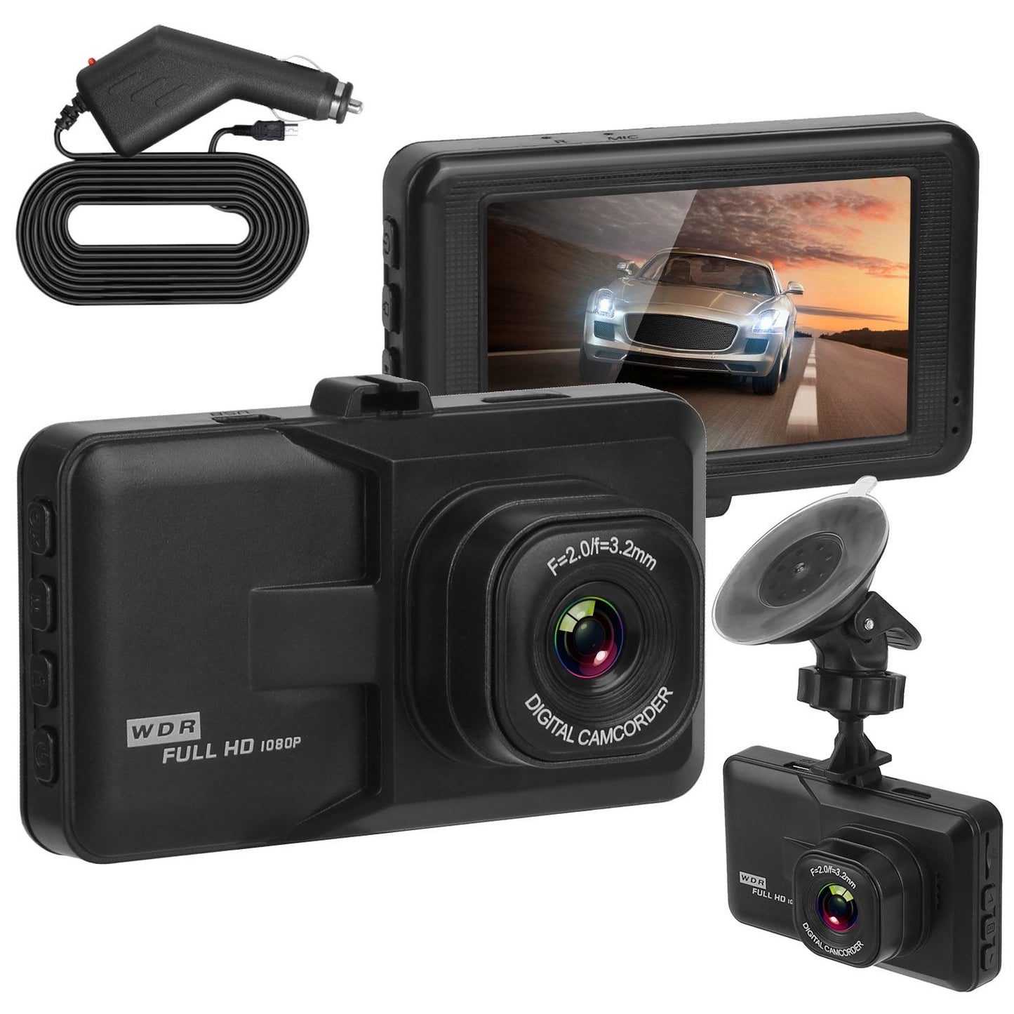 High-definition 1080p car dashboard camera with a large display, suction mount, and power adapter, showcasing a modern vehicle on a scenic road.