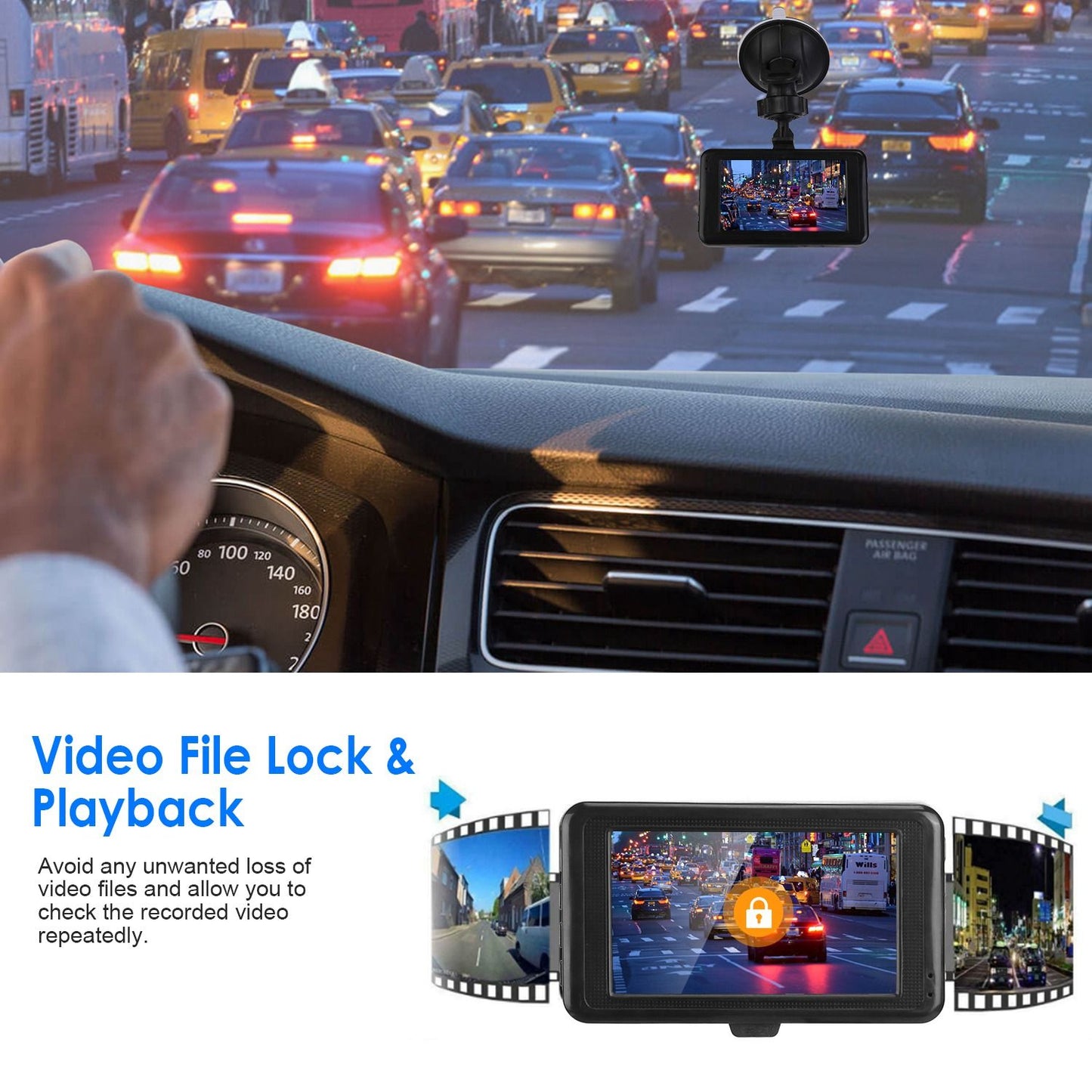 Dashboard camera displaying live video feed of traffic, highlighting video file lock and playback features for secure recordings.