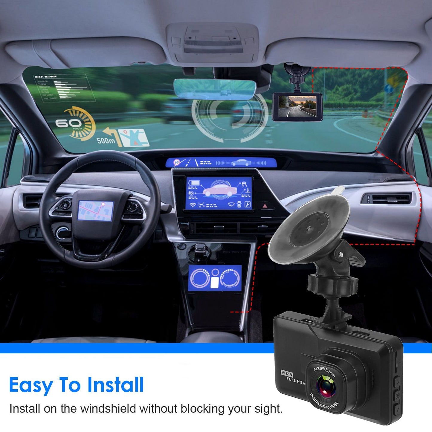 Interior view of a modern car showcasing a user-friendly dashcam mounted on the windshield, highlighted with easy installation instructions, modern digital display, and navigation data.