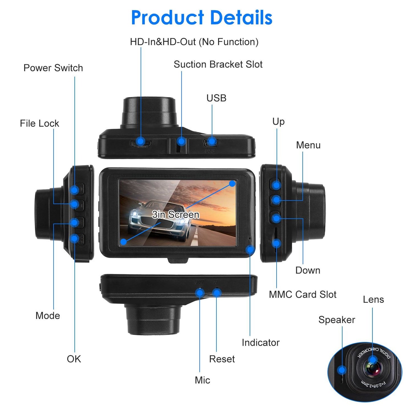 User-friendly camera device with a 3-inch screen, featuring control buttons for easy navigation, USB port, MMC card slot, and a lens for high-quality video recording.