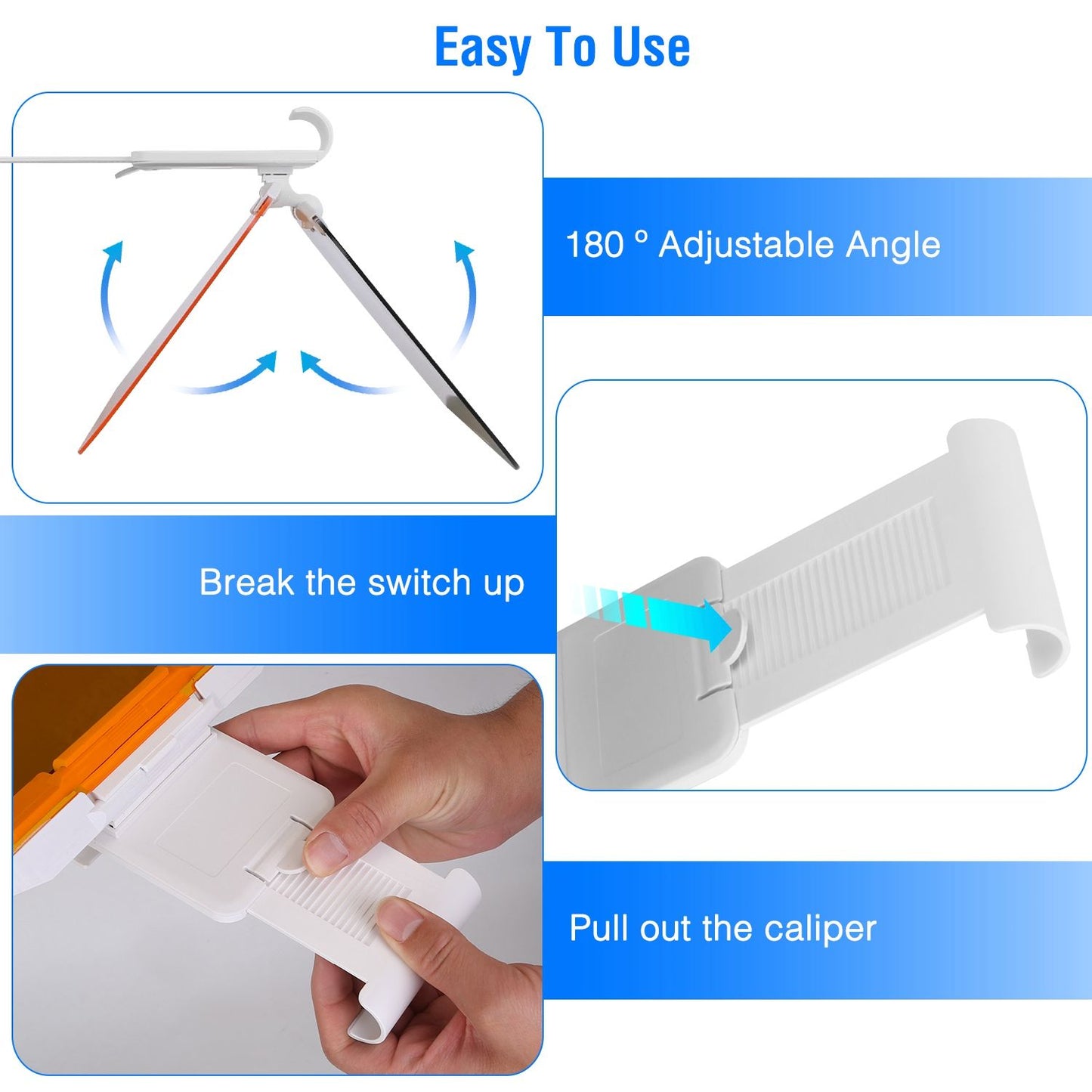 Adjustable caliper tool with 180° angle functionality, demonstrating ease of use and steps for operation.