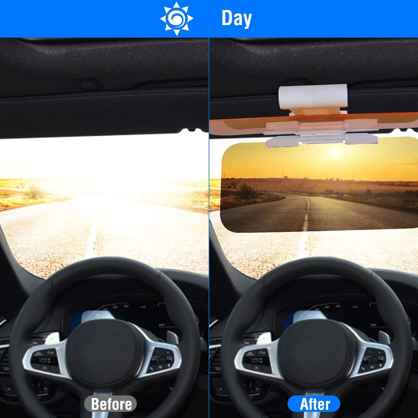 Car sun visor accessory showing before and after sun glare reduction, highlighting improved visibility with a tinted visor clip for safer driving during daylight.