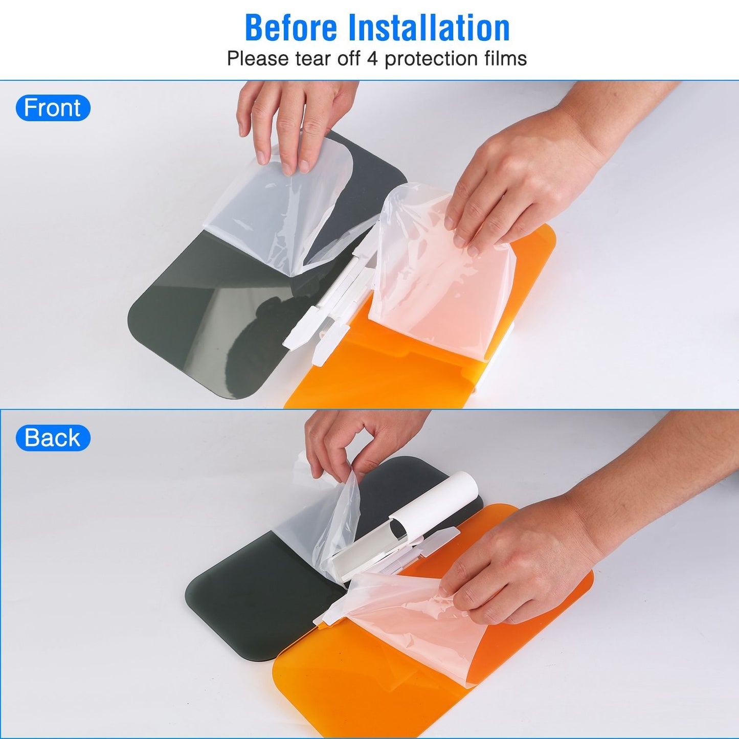 Hands removing protective films from a two-sided installation tool, featuring a green and orange surface, demonstrating the "before installation" process.