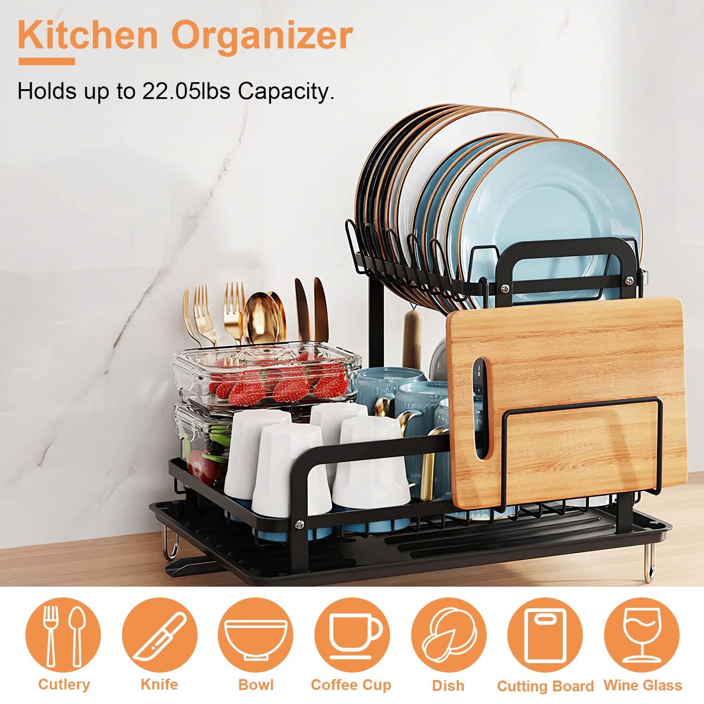 Kitchen organizer dish rack with a wooden cutting board, blue plates, cutlery, and glassware, designed to hold up to 22.05 lbs, on a countertop.