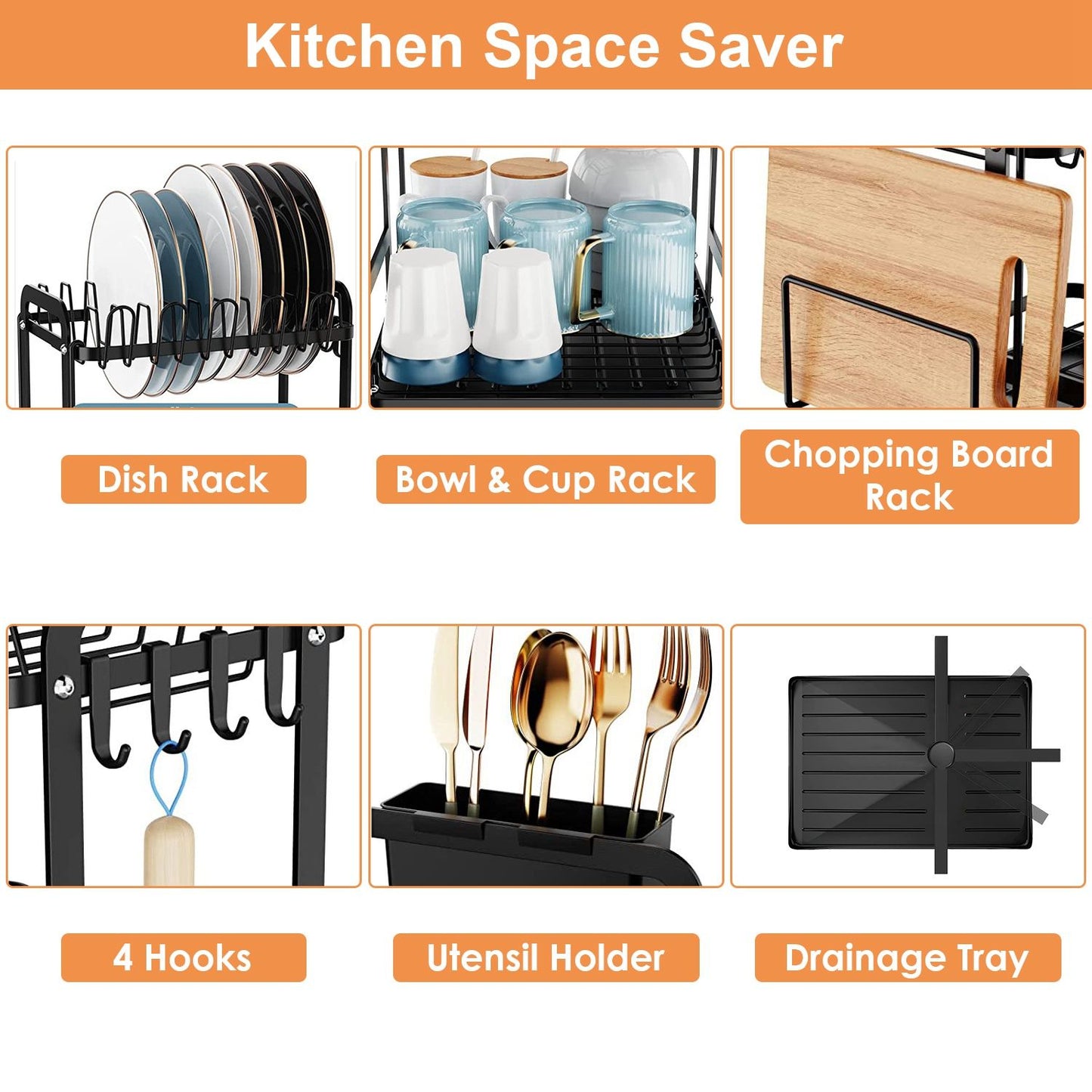 Kitchen space saver organizer featuring a dish rack, bowl and cup rack, chopping board rack, four hooks, utensil holder, and drainage tray for efficient kitchen storage.