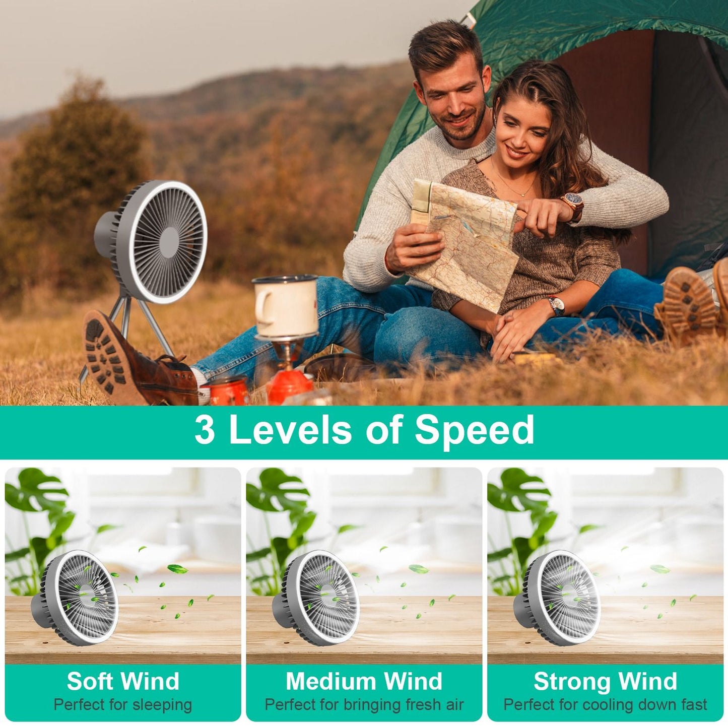 Portable camping fan with three speed settings, showcased outdoors with two people enjoying a map inside a tent. Ideal for fresh air and quick cooling during outdoor activities.