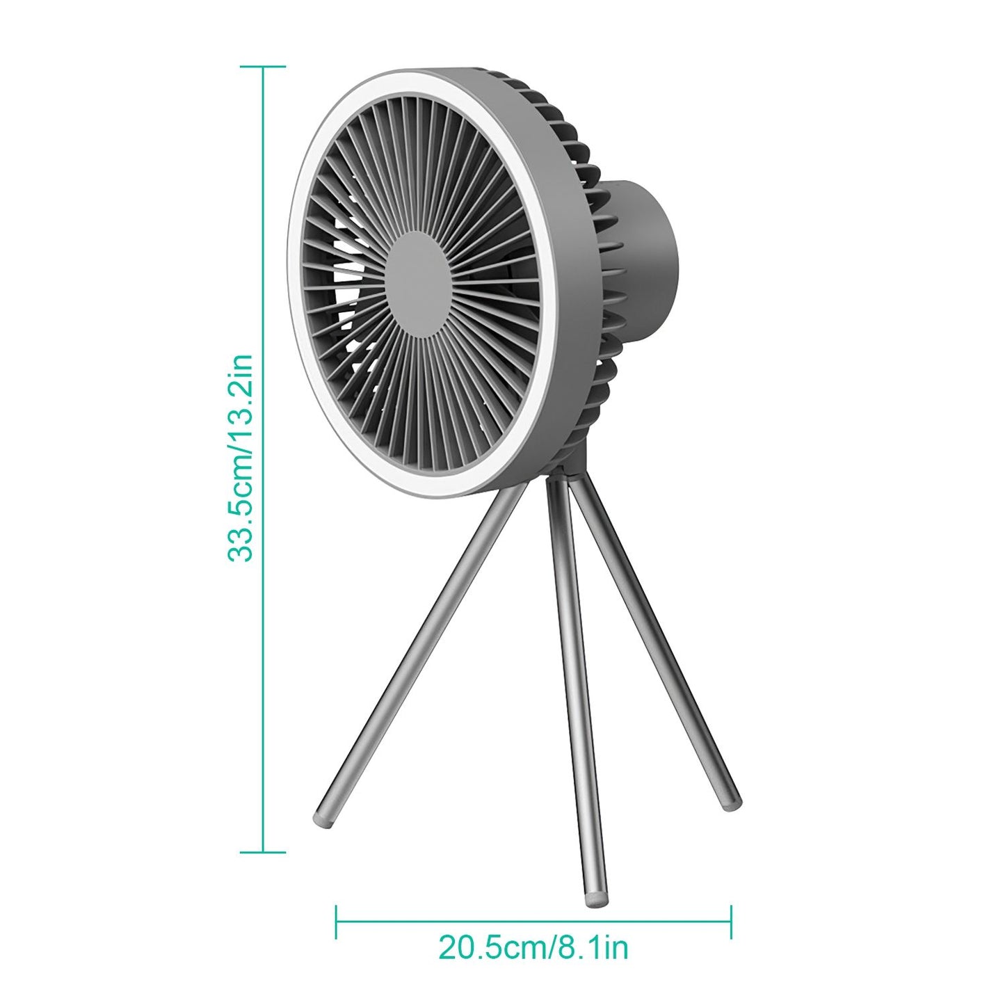 Portable modern desk fan with metallic tripod stand, measuring 33.5 cm (13.2 in) tall and 20.5 cm (8.1 in) wide, designed for efficient airflow and stylish home decor.