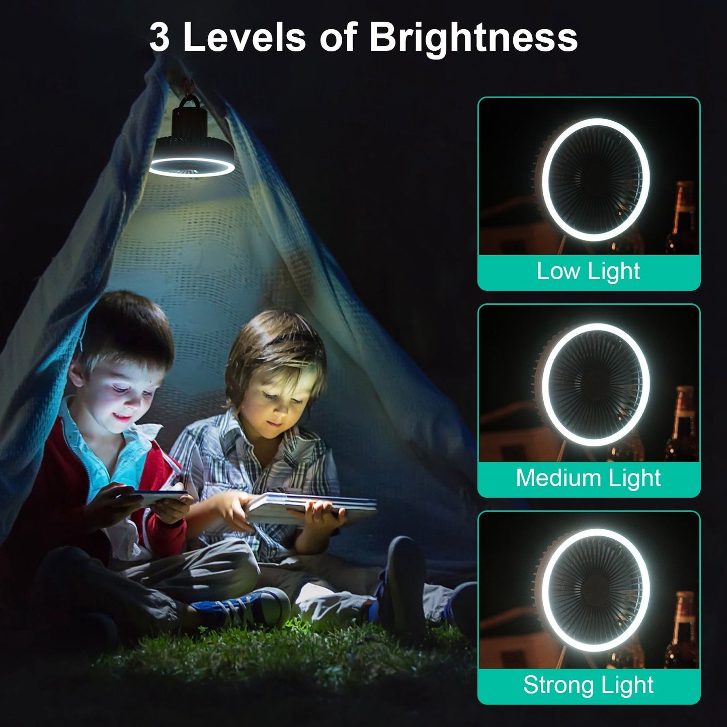 Image of two children sitting inside a tent illuminated by a multi-level brightness LED light, showcasing three brightness options: low, medium, and strong. The tent is draped with a blue blanket, creating a cozy atmosphere for reading or playing.