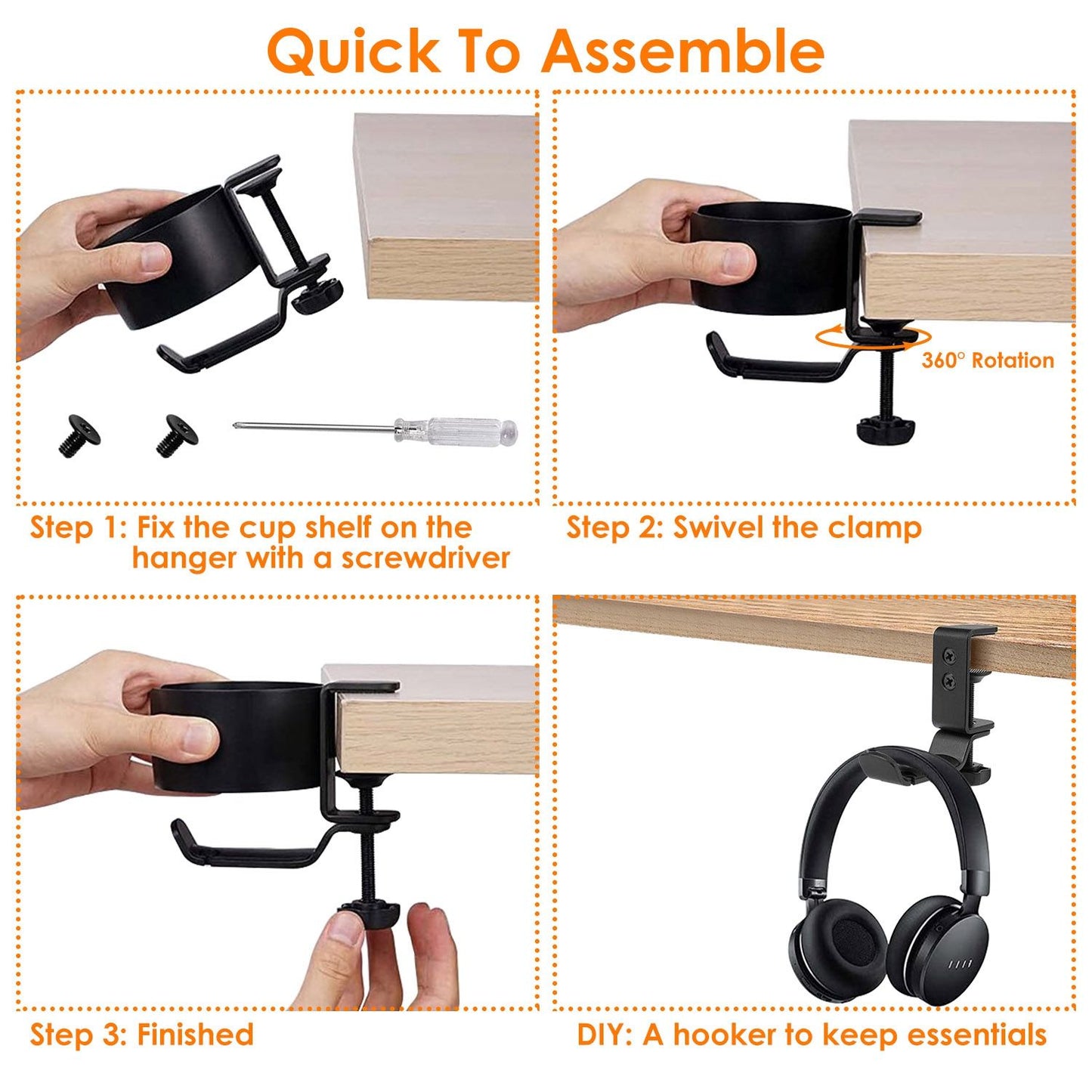 Instructional image showing steps for assembling a cup holder and hook for headphones, including fixing the shelf, swiveling the clamp, and final installation of the organizer under a desk.