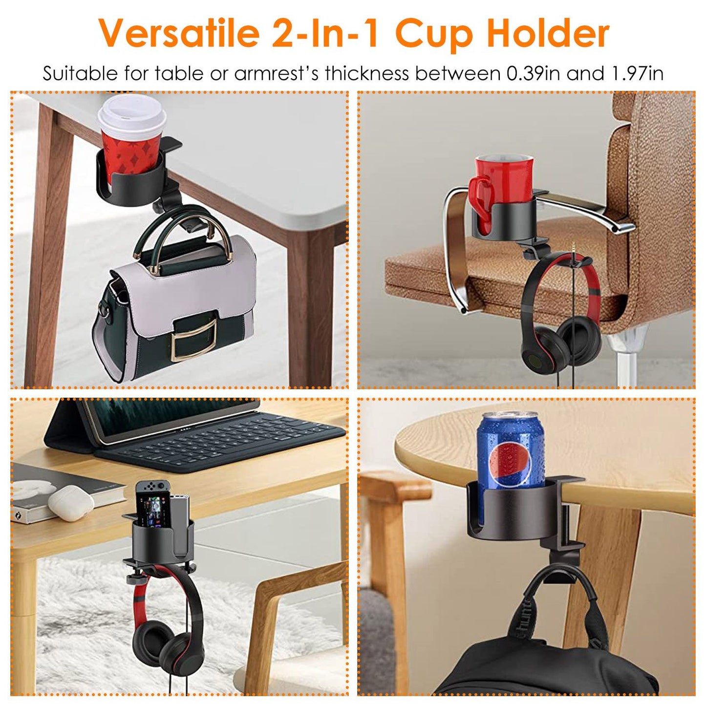 Versatile 2-in-1 cup holder designed for tables and chair armrests, accommodating drinks, bags, and headphones, suitable for surfaces 0.39 to 1.97 inches thick.