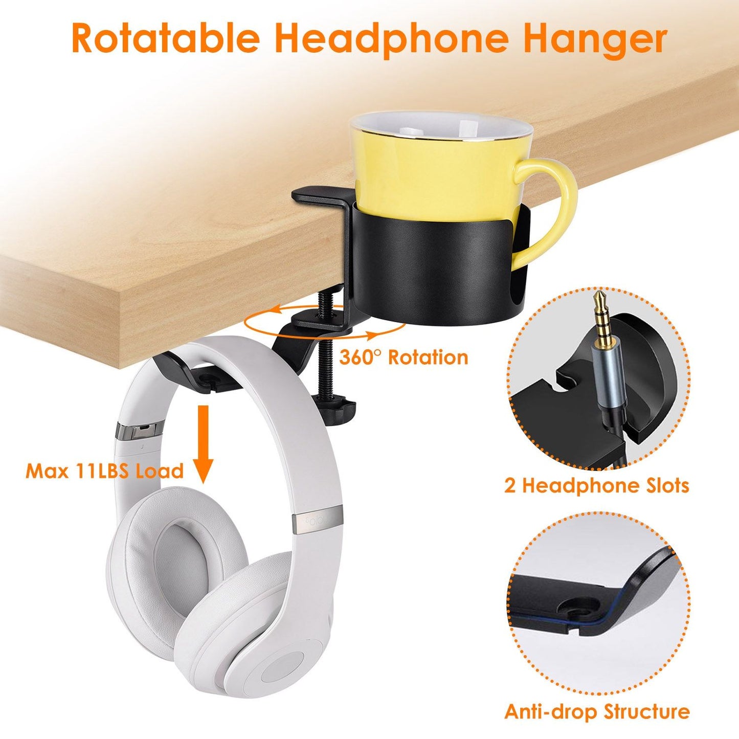 Rotatable headphone hanger with cup holder, featuring 360° rotation, dual headphone slots, and a maximum load capacity of 11 lbs, attached securely under a desk.
