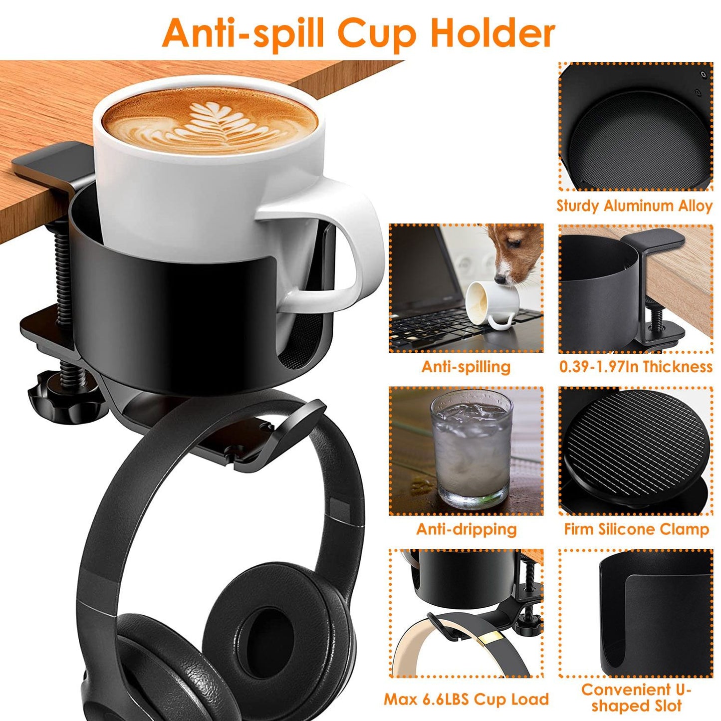 Anti-spill cup holder with a white coffee mug, featuring a sturdy aluminum alloy design and a silicone clamp, attached to a table edge, showcasing its multifunctionality for drinks and headphones.