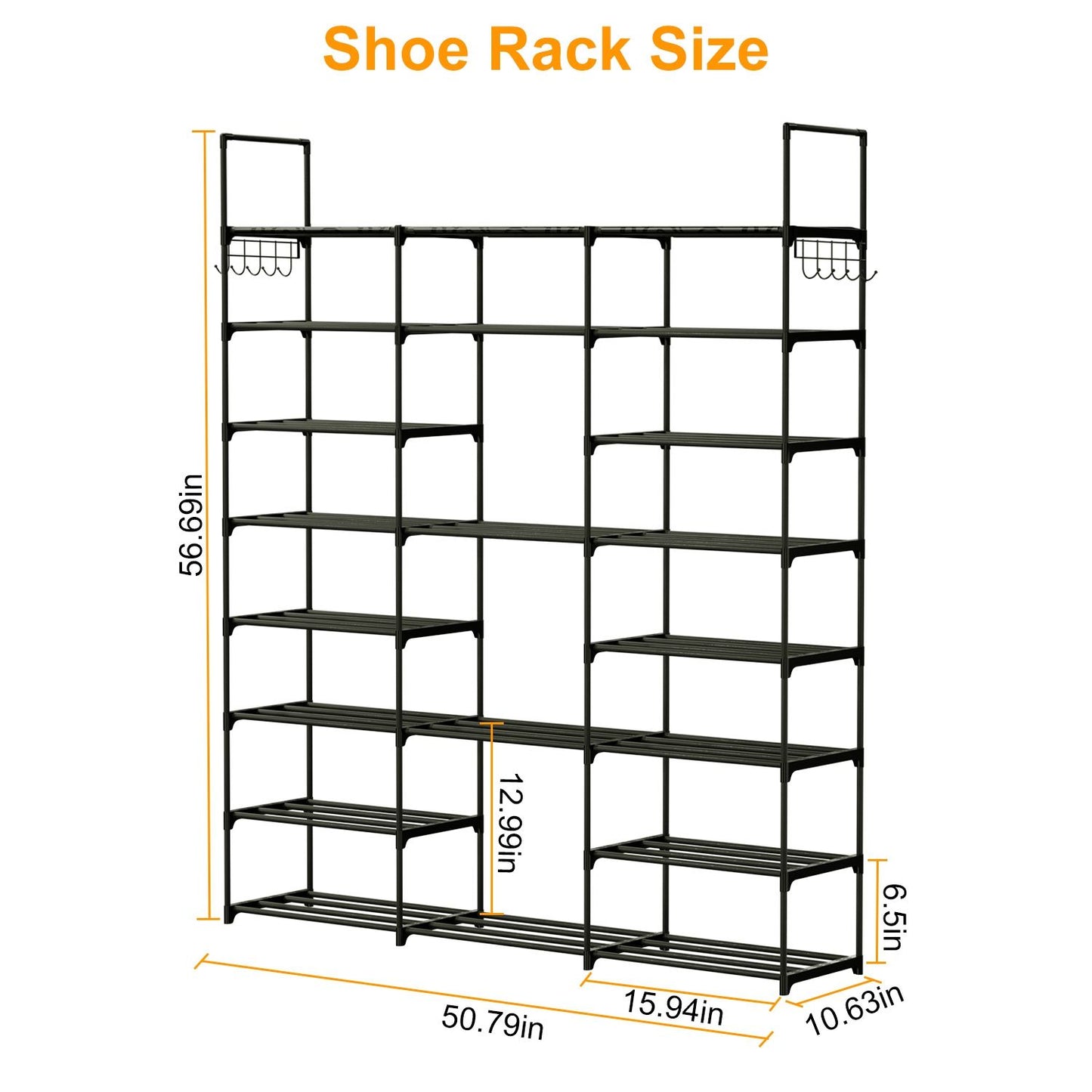 Shoe rack dimensions showing a black, multi-tiered storage solution with measurements: height 56.69 inches, width 50.79 inches, depth 15.94 inches, and shelving spacing of 12.9 inches.