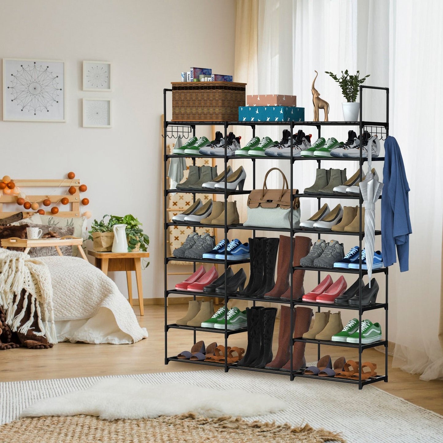 Shoe rack displaying various styles of shoes, including sneakers, boots, and sandals, organized in a bright and modern living room setting with decorative elements.