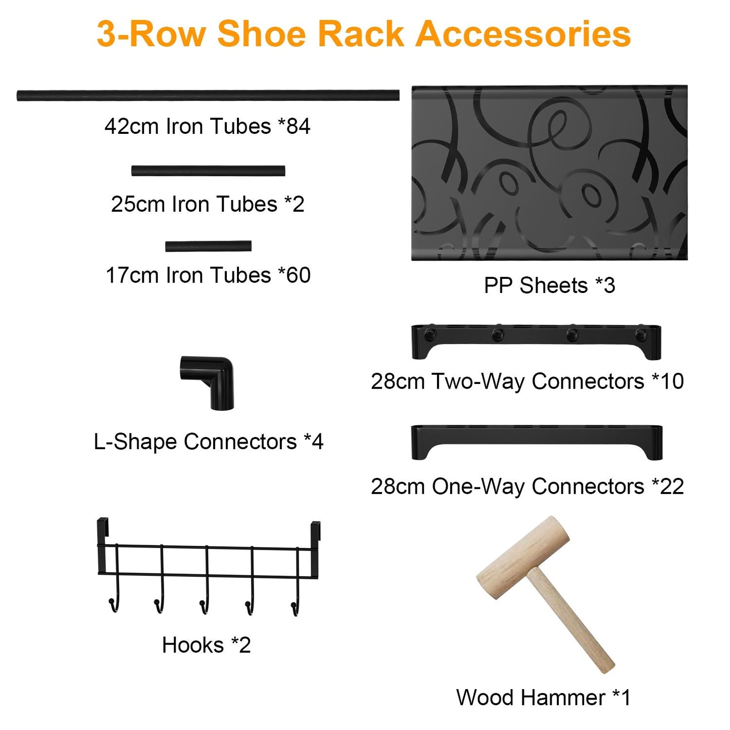 3-row shoe rack accessories including iron tubes, PP sheets, connectors, hooks, and a wooden hammer for assembly.