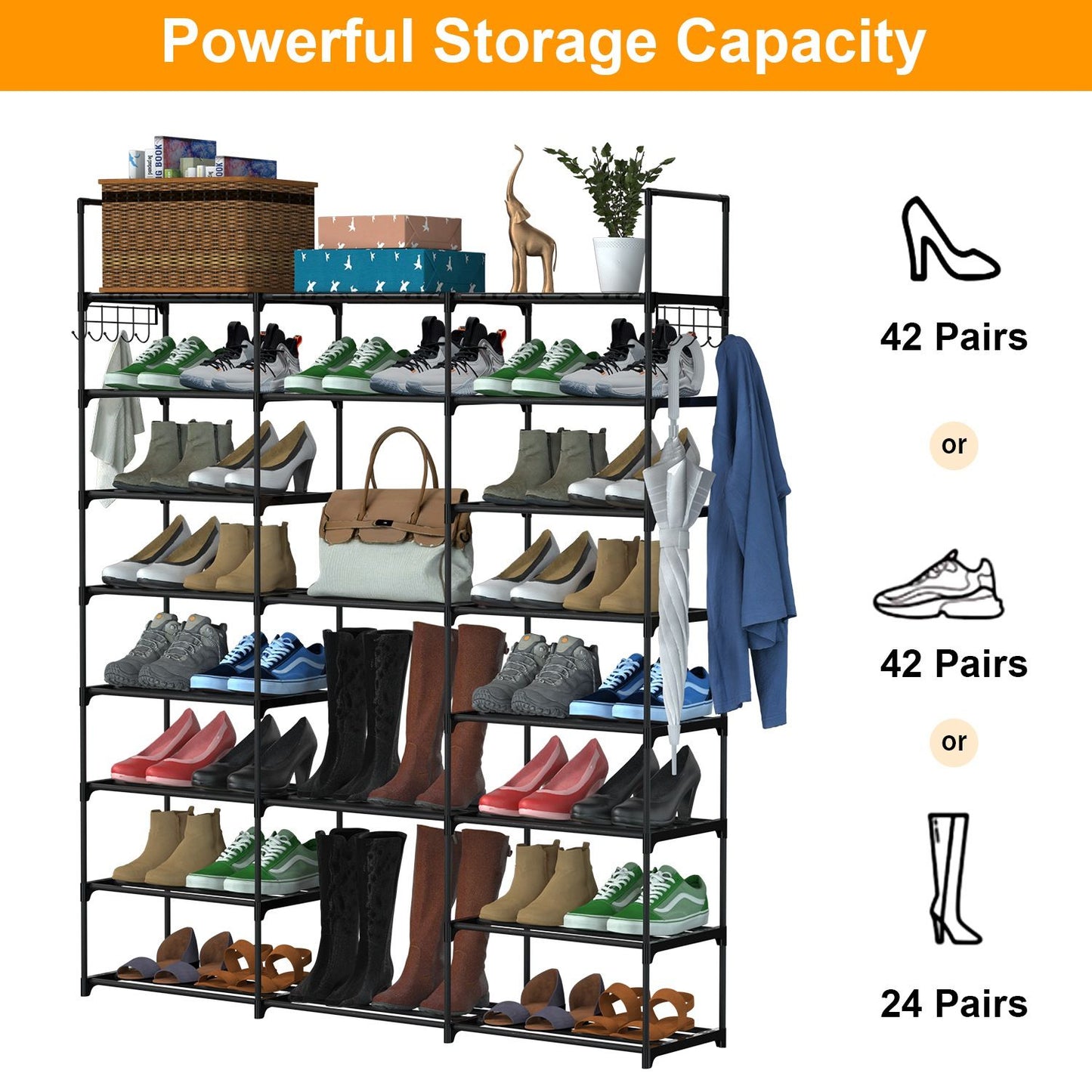 Multi-tier shoe rack with capacity for 42 pairs of shoes, featuring various footwear including sneakers, heels, and boots, along with accessories like bags and an umbrella, all on a sleek black frame.