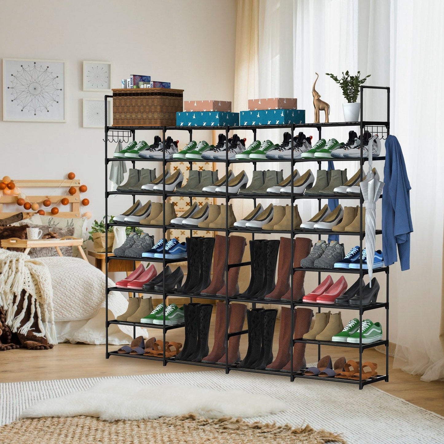 Multi-tiered shoe rack organizer displaying a variety of footwear including sneakers, boots, and sandals, set in a cozy living room with decorative home accents and natural lighting.